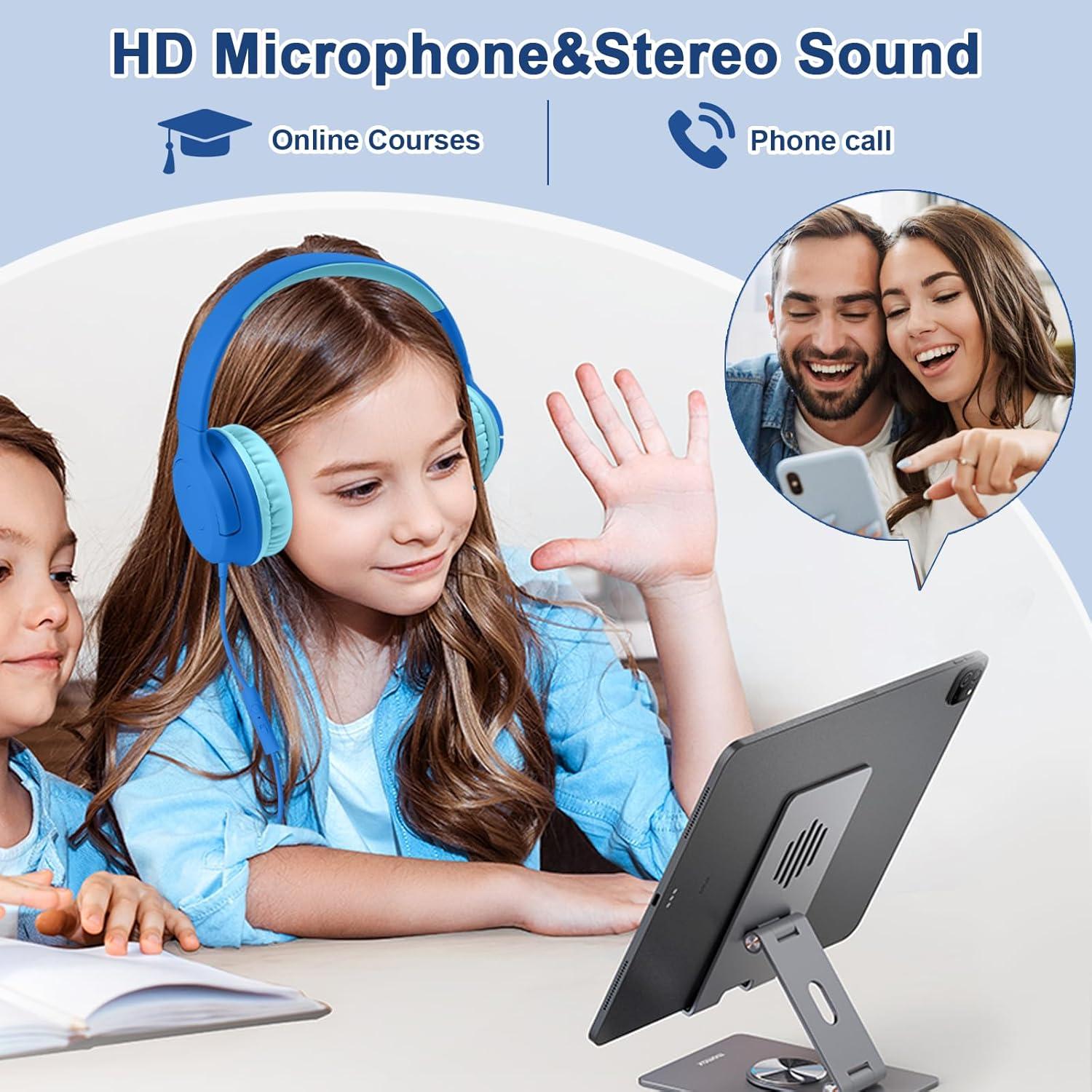 Kids Wired Headphones with Microphone, 85/94dB Safe Volume Limiter,Foldable,3.5mm Jack Over-Ear Cord Headset for Online Study/Travel, Compatible with Tablet,iPad,PC&More,Navy&Teal