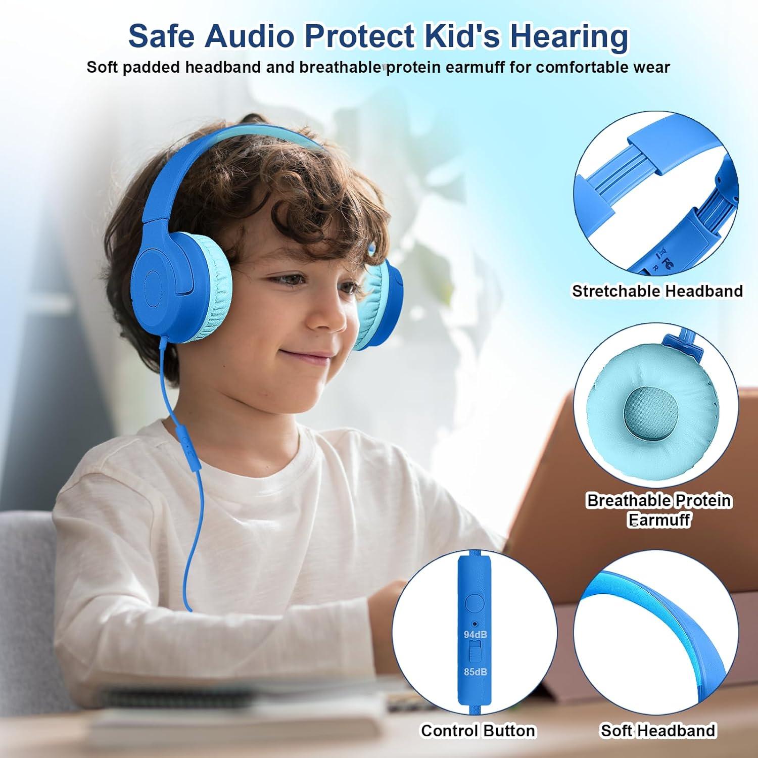 Kids Wired Headphones with Microphone, 85/94dB Safe Volume Limiter,Foldable,3.5mm Jack Over-Ear Cord Headset for Online Study/Travel, Compatible with Tablet,iPad,PC&More,Navy&Teal