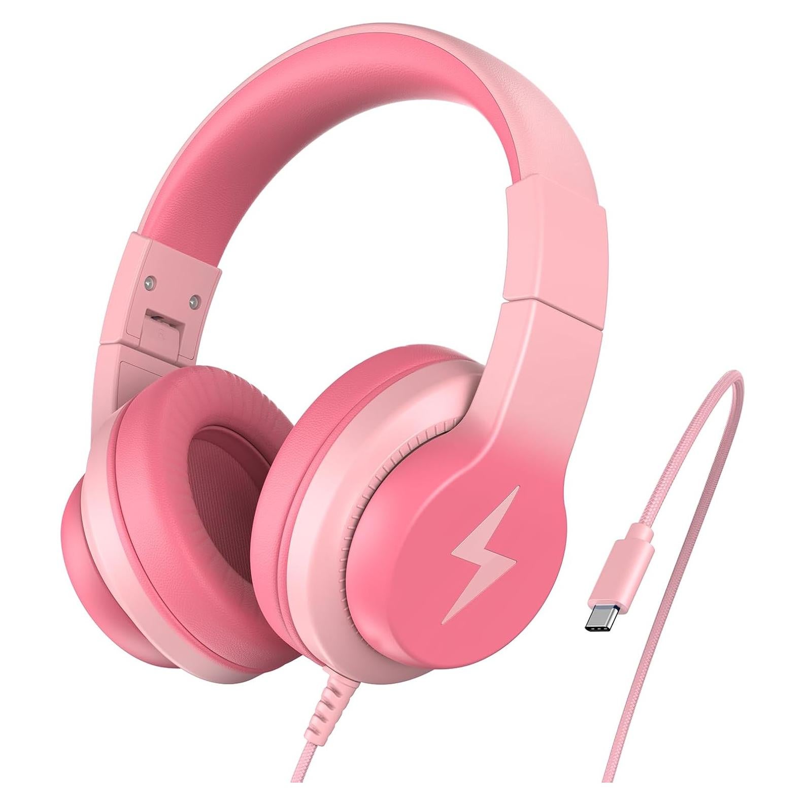 Kids Headphones for School, Upgrade USB C Headphones for Kids, Wired Headphone for Kid, HD Stereo Sound, Foldable Kid Over-Ear Headphone for Boys, Girls, iPad, PC, Tablets, Trave-Gradient Pink