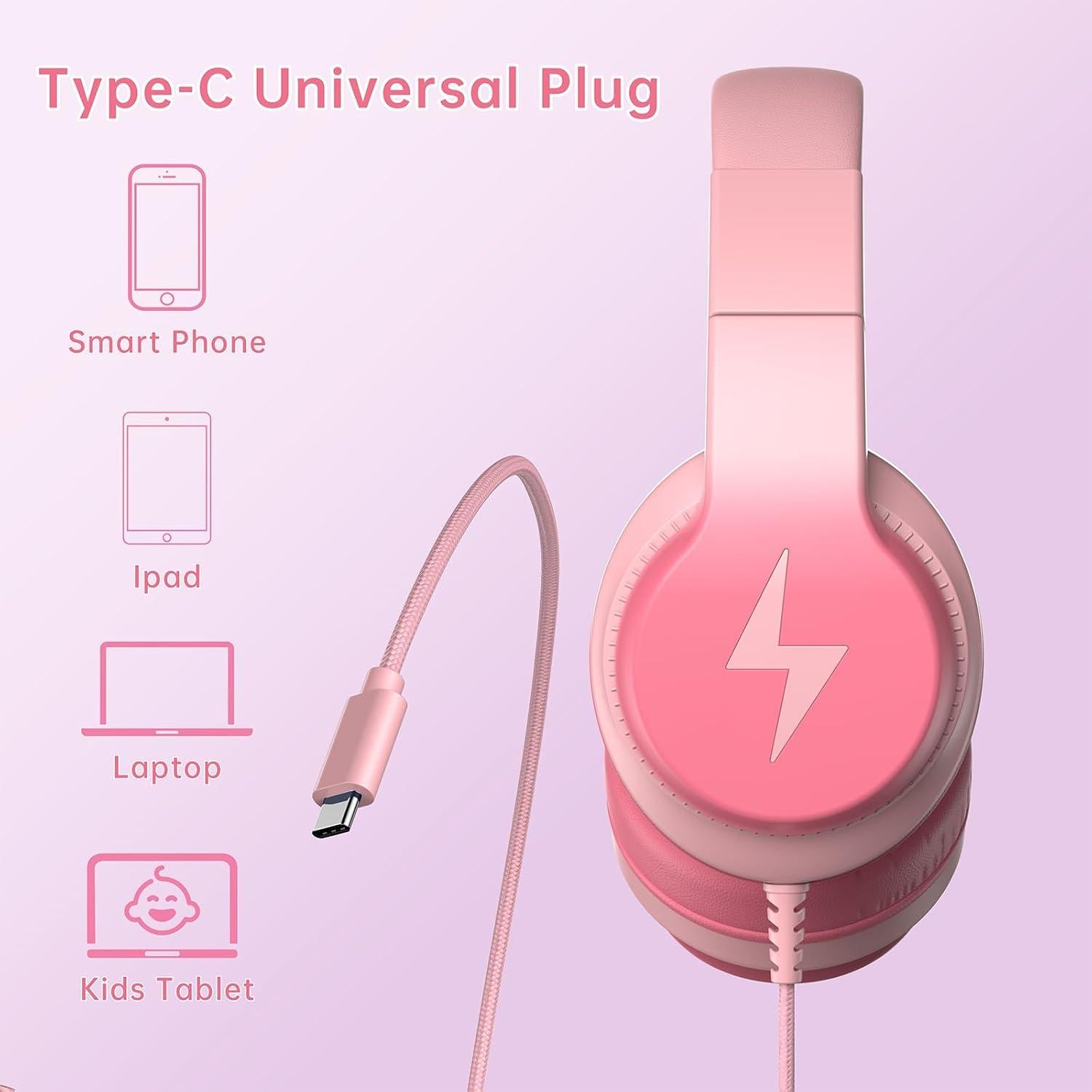Kids Headphones for School, Upgrade USB C Headphones for Kids, Wired Headphone for Kid, HD Stereo Sound, Foldable Kid Over-Ear Headphone for Boys, Girls, iPad, PC, Tablets, Trave-Gradient Pink