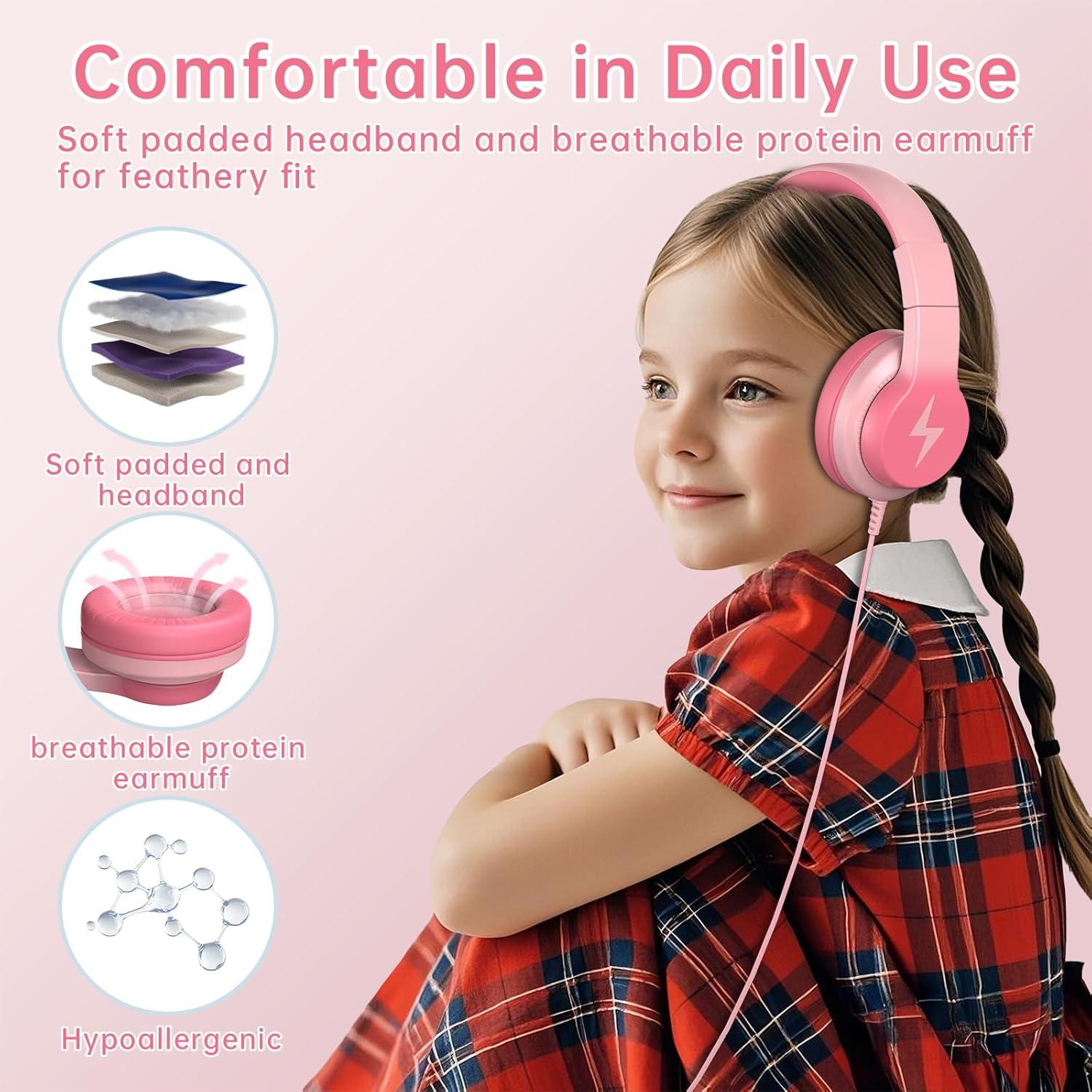 Kids Headphones for School, Upgrade USB C Headphones for Kids, Wired Headphone for Kid, HD Stereo Sound, Foldable Kid Over-Ear Headphone for Boys, Girls, iPad, PC, Tablets, Trave-Gradient Pink