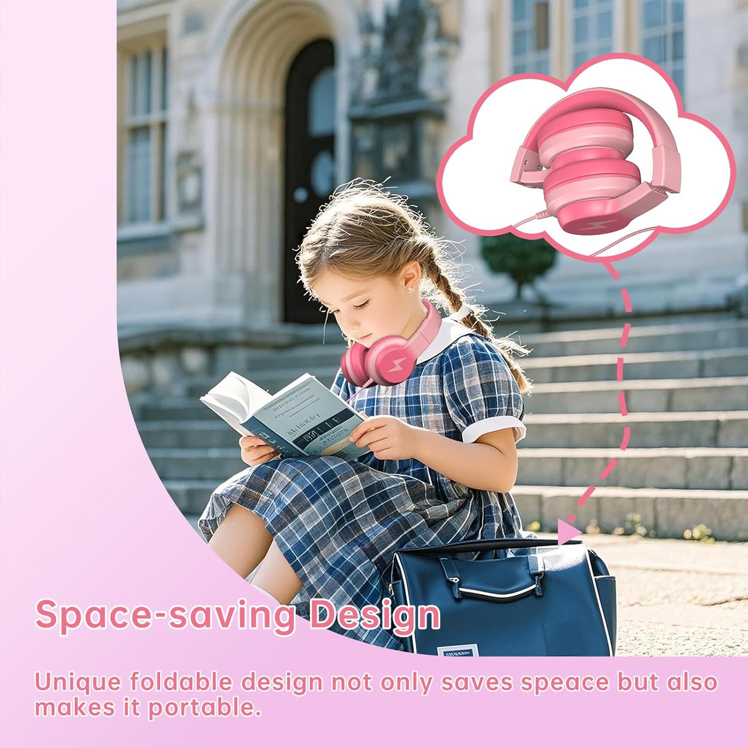 Kids Headphones for School, Upgrade USB C Headphones for Kids, Wired Headphone for Kid, HD Stereo Sound, Foldable Kid Over-Ear Headphone for Boys, Girls, iPad, PC, Tablets, Trave-Gradient Pink