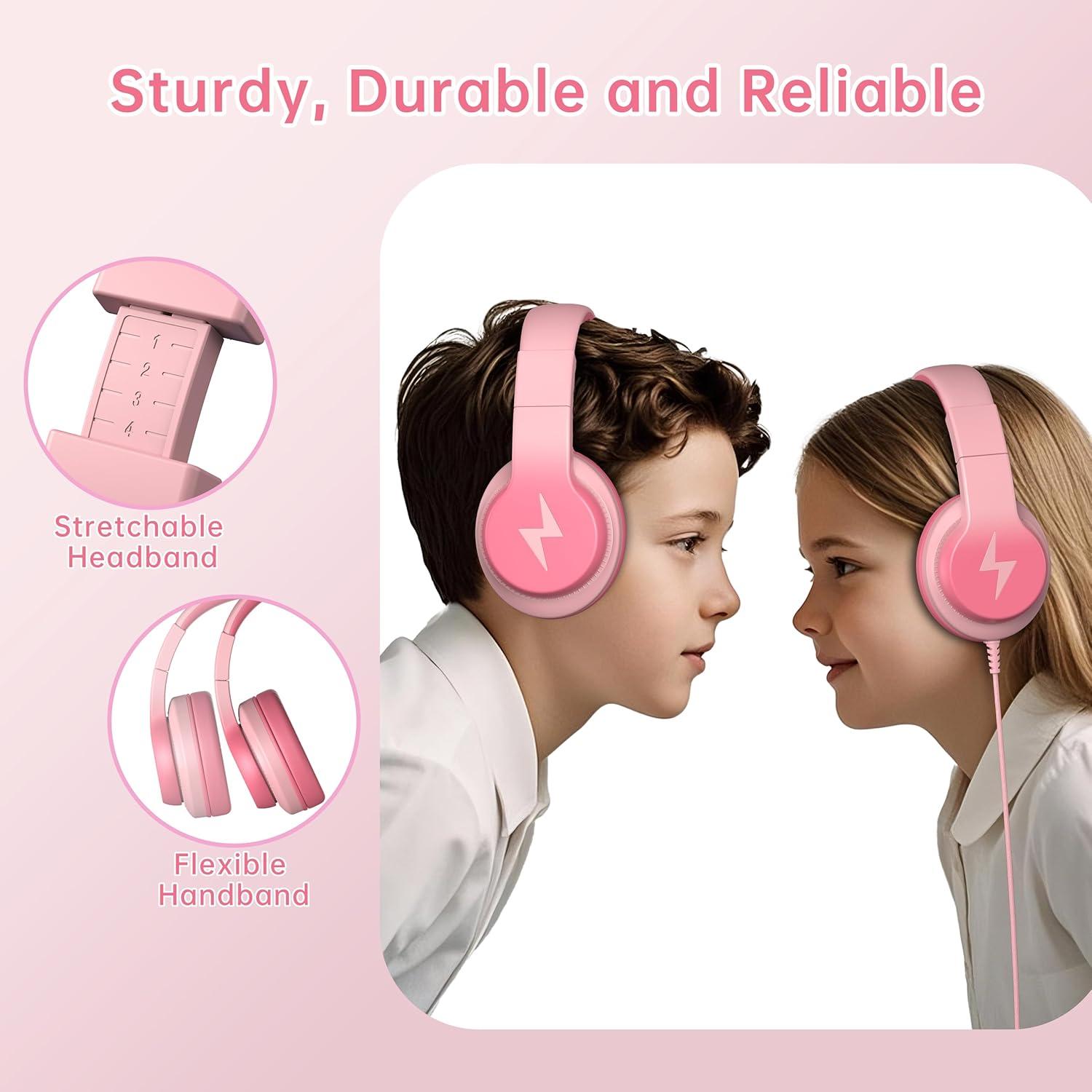 Kids Headphones for School, Upgrade USB C Headphones for Kids, Wired Headphone for Kid, HD Stereo Sound, Foldable Kid Over-Ear Headphone for Boys, Girls, iPad, PC, Tablets, Trave-Gradient Pink