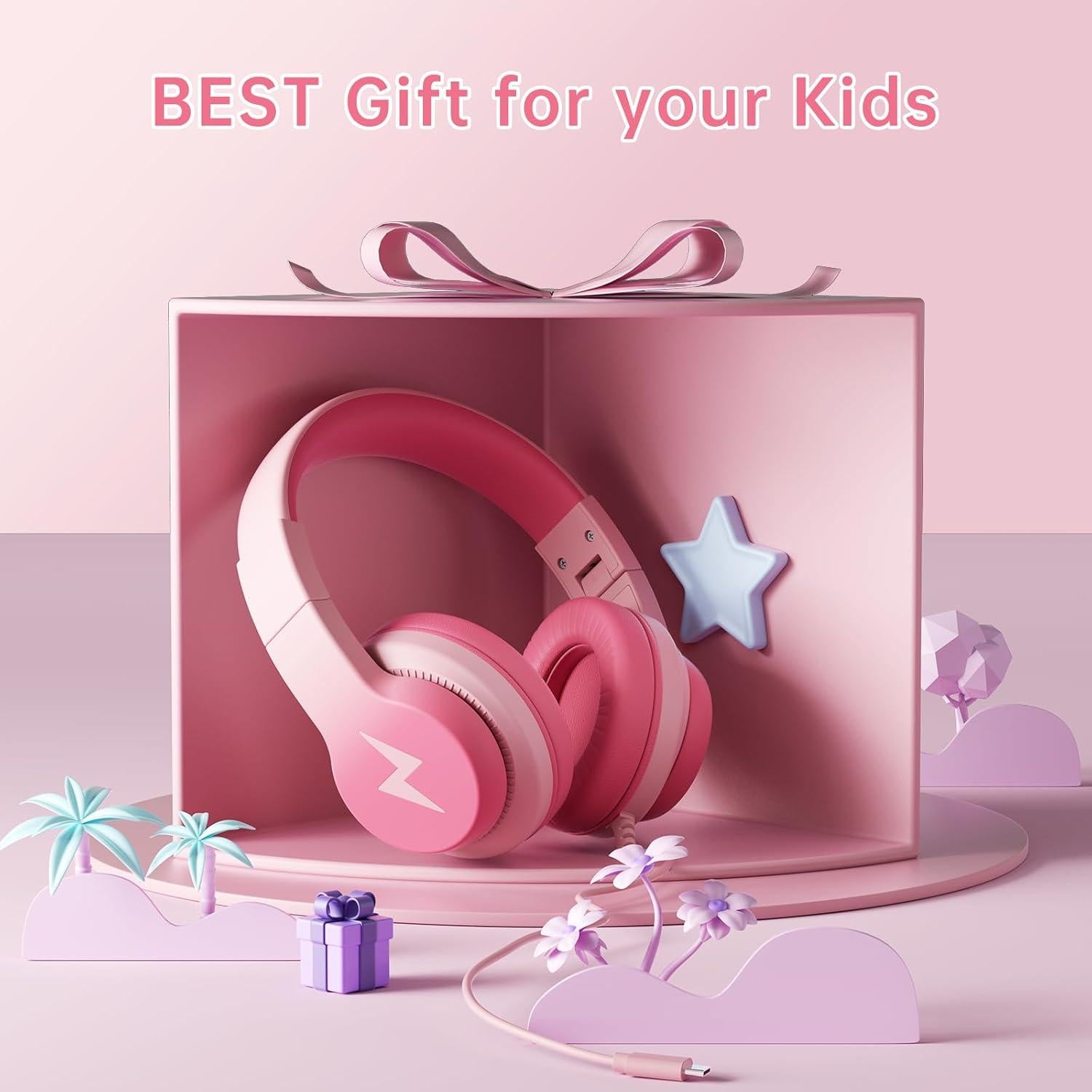 Kids Headphones for School, Upgrade USB C Headphones for Kids, Wired Headphone for Kid, HD Stereo Sound, Foldable Kid Over-Ear Headphone for Boys, Girls, iPad, PC, Tablets, Trave-Gradient Pink