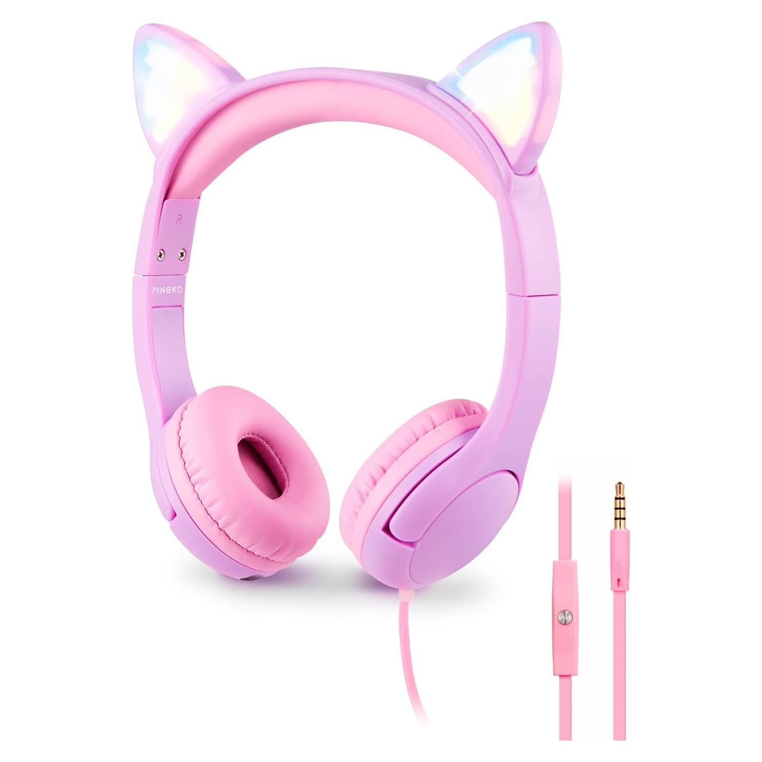 PINGKO Kids Headphones: Toddler Headphone with Microphone - Cat Ear Headphones for Girls Boys, LED Light 3.5mm Jack, 85db Volume, Music Sharing Stereo Earphones for iPad | School | Travel (Purple)