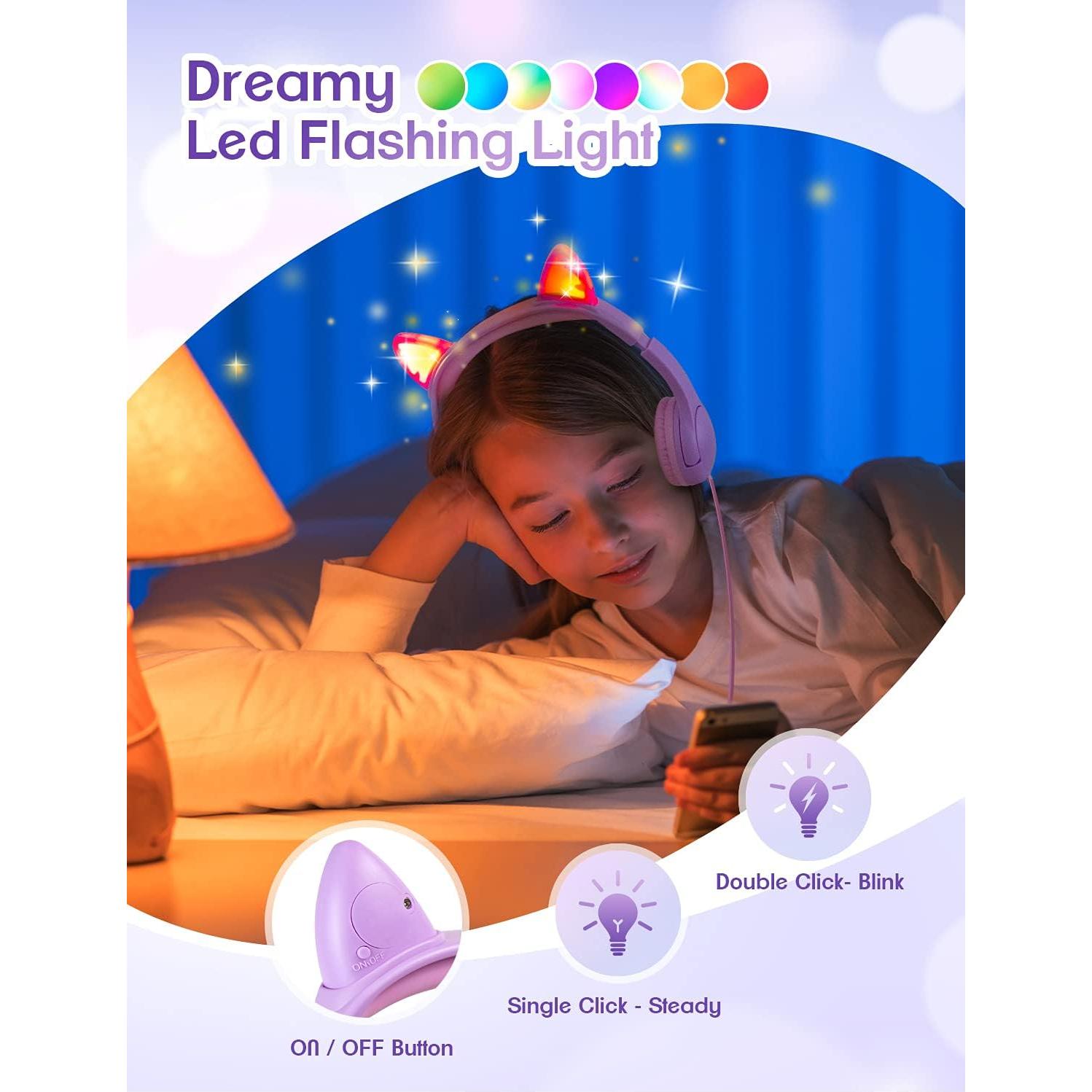 PINGKO Kids Headphones: Toddler Headphone with Microphone - Cat Ear Headphones for Girls Boys, LED Light 3.5mm Jack, 85db Volume, Music Sharing Stereo Earphones for iPad | School | Travel (Purple)