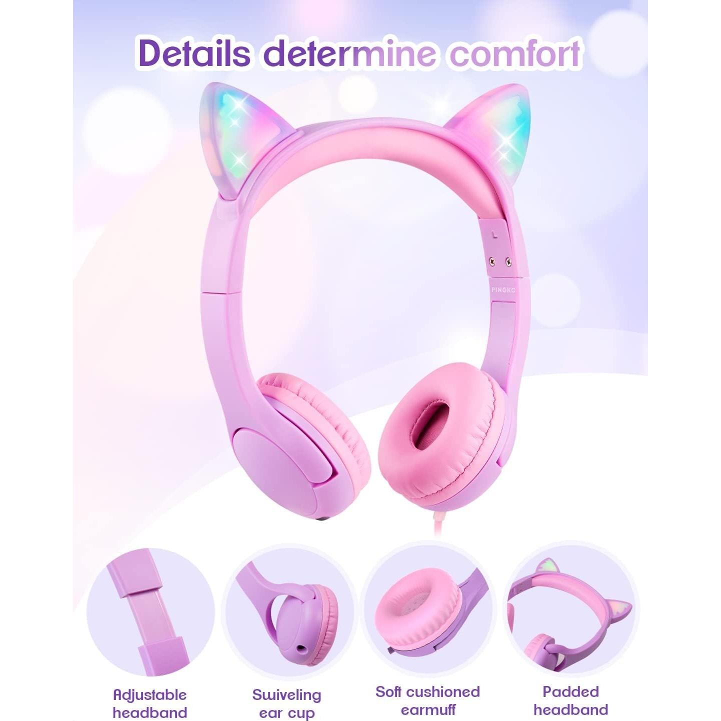 PINGKO Kids Headphones: Toddler Headphone with Microphone - Cat Ear Headphones for Girls Boys, LED Light 3.5mm Jack, 85db Volume, Music Sharing Stereo Earphones for iPad | School | Travel (Purple)