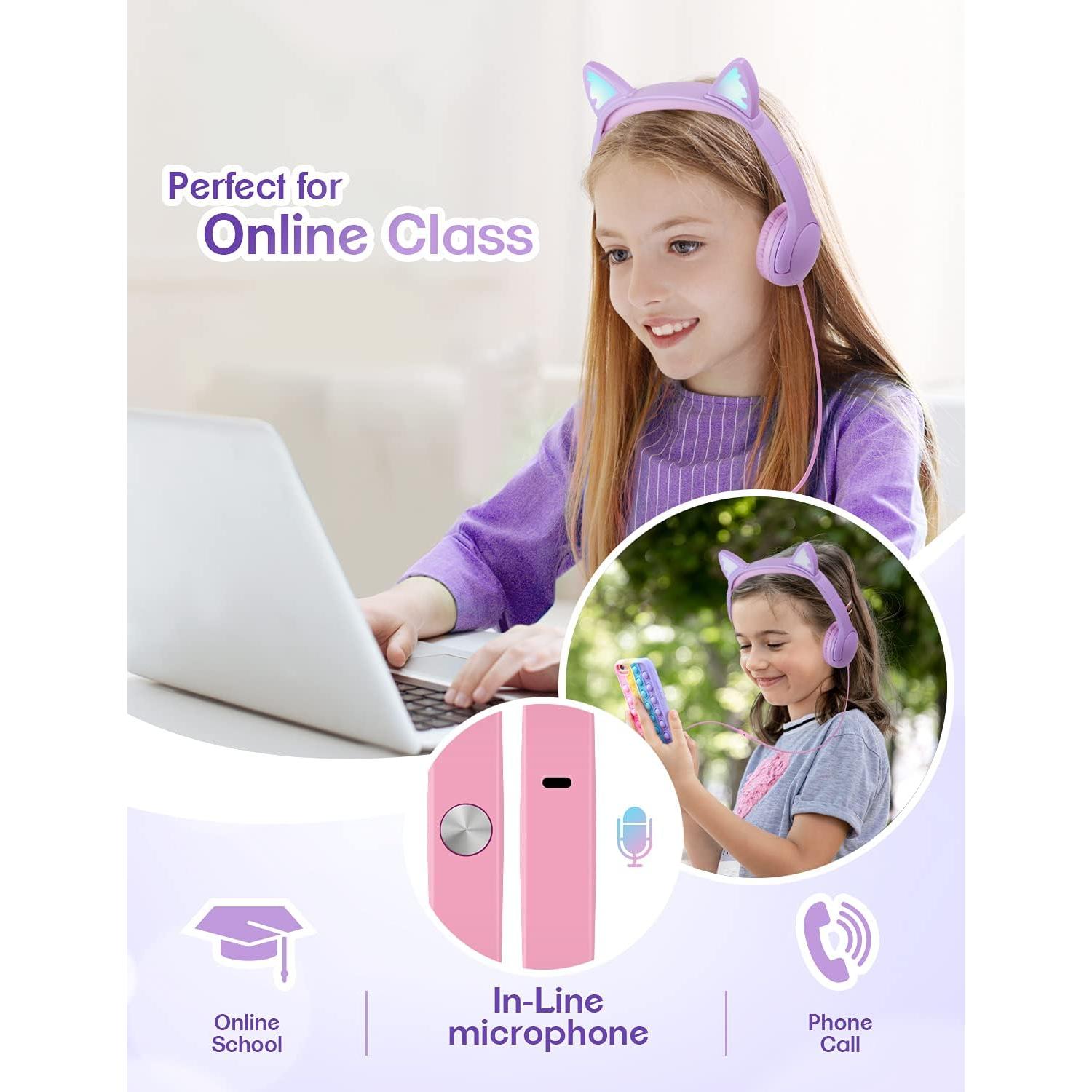 PINGKO Kids Headphones: Toddler Headphone with Microphone - Cat Ear Headphones for Girls Boys, LED Light 3.5mm Jack, 85db Volume, Music Sharing Stereo Earphones for iPad | School | Travel (Purple)