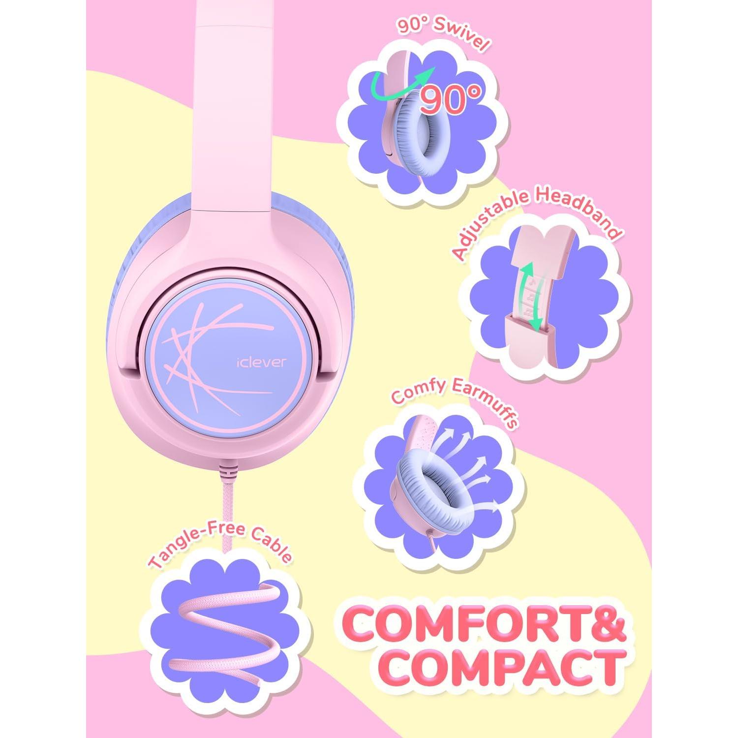 Auriculares iClever HS26 para Niños Rosa, Volumen Seguro 85dBA