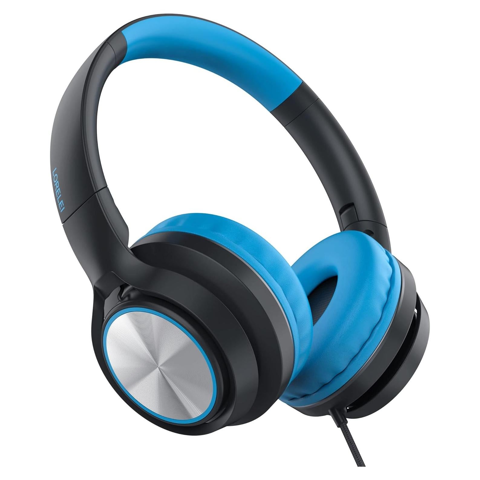 LORELEI E7 Kids Headphones with Microphone, Safe Volume Limiter 85/94dB, Foldable Stereo Tangle-Free On-Ear Wired Headphones for Toddlers/Boys/Girls/School/iPad/Laptop/Travel (Black&Blue)