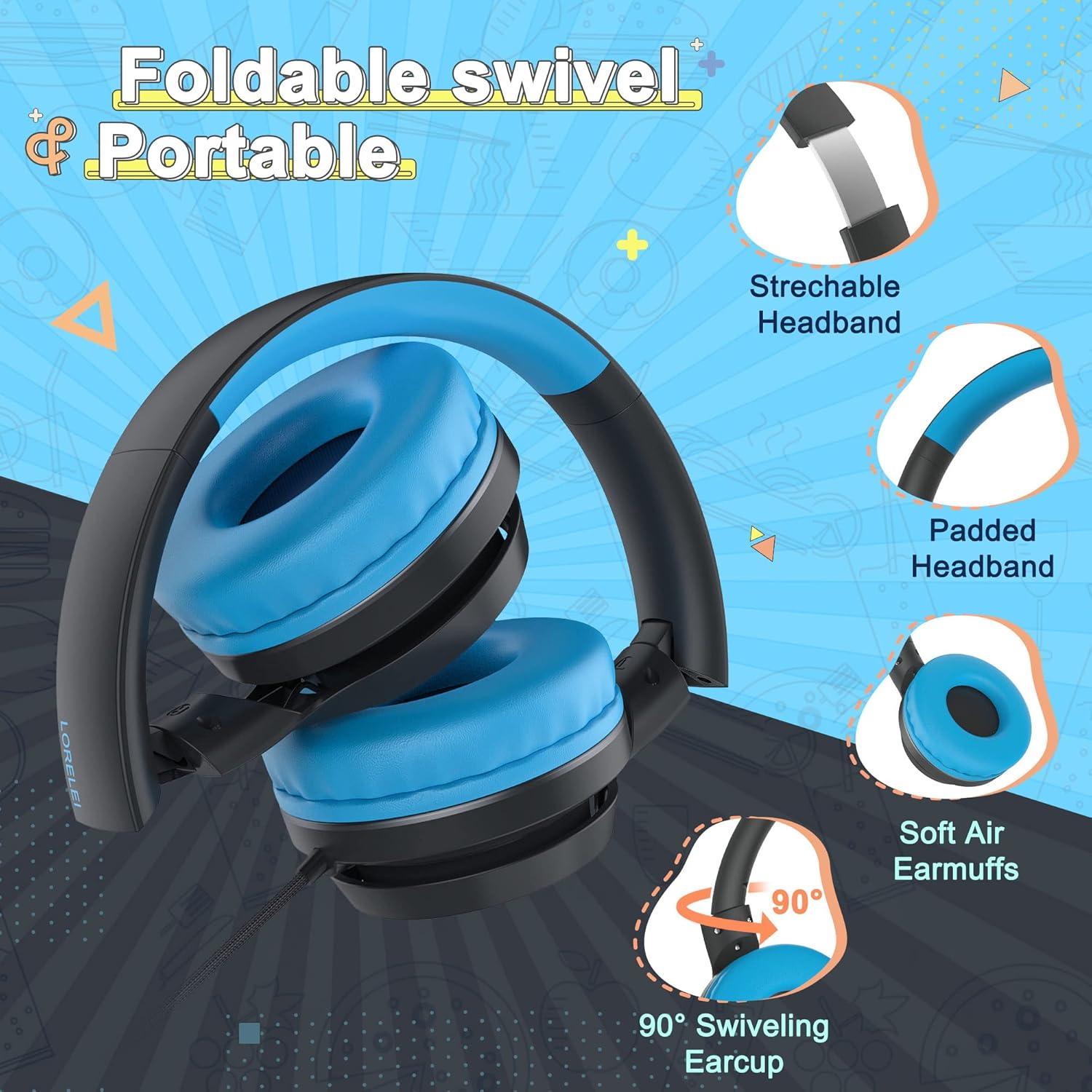 LORELEI E7 Kids Headphones with Microphone, Safe Volume Limiter 85/94dB, Foldable Stereo Tangle-Free On-Ear Wired Headphones for Toddlers/Boys/Girls/School/iPad/Laptop/Travel (Black&Blue)