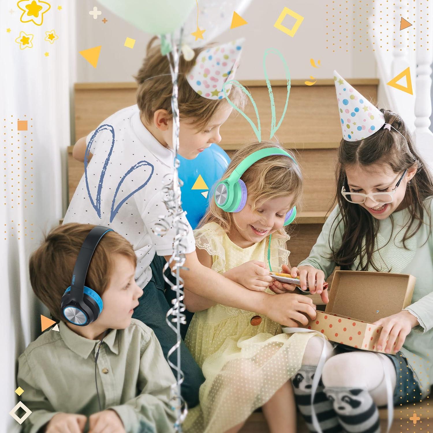 LORELEI E7 Kids Headphones with Microphone, Safe Volume Limiter 85/94dB, Foldable Stereo Tangle-Free On-Ear Wired Headphones for Toddlers/Boys/Girls/School/iPad/Laptop/Travel (Black&Blue)