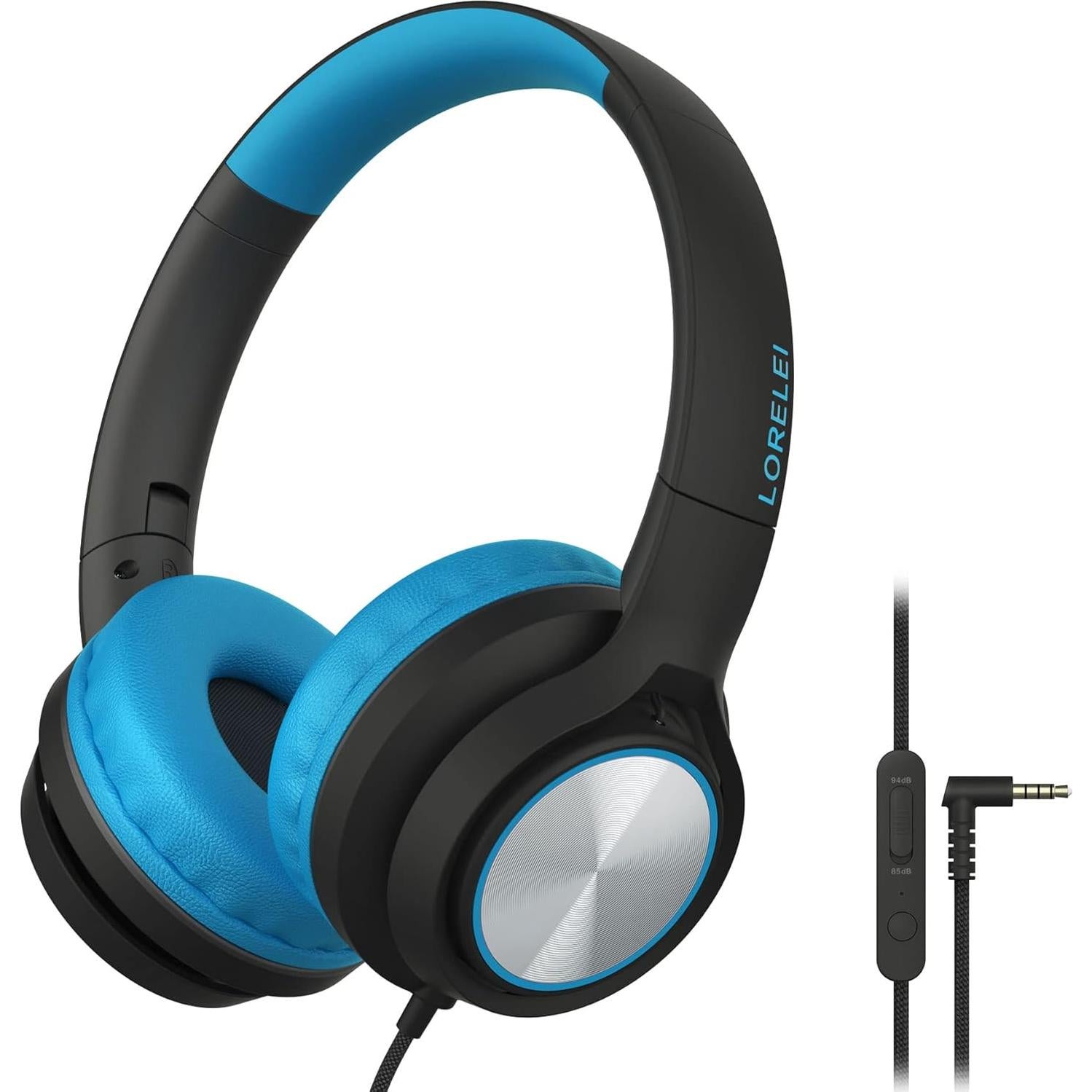 LORELEI E7 Kids Headphones with Microphone, Safe Volume Limiter 85/94dB, Foldable Stereo Tangle-Free On-Ear Wired Headphones for Toddlers/Boys/Girls/School/iPad/Laptop/Travel (Black&Blue)
