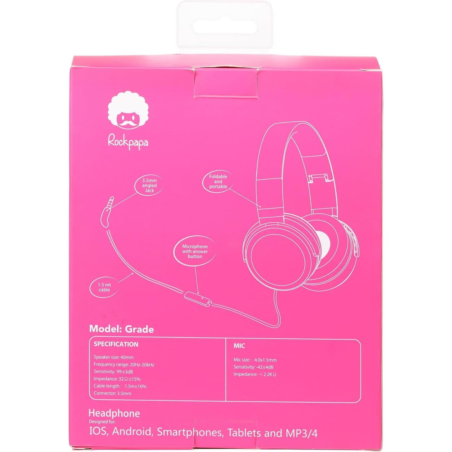 Auriculares con Cable Rockpapa Grade Rosa Plegables con Micrófono
