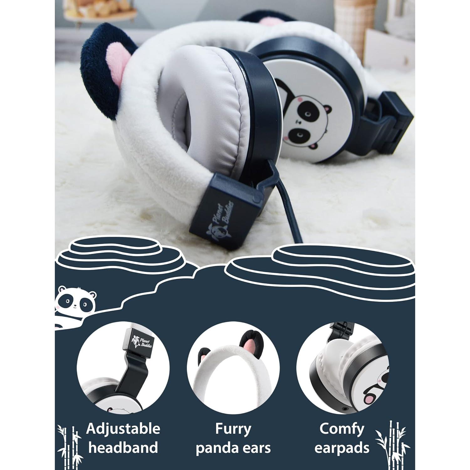 Kids Headphones for School Travel, Safe Volume Limited, HD Mic Stereo Sound On-Ear Girls Boys Headphones for Kid, Foldable 3.5mm Wired Kids Earphones for iPad Computer - Furry Panda