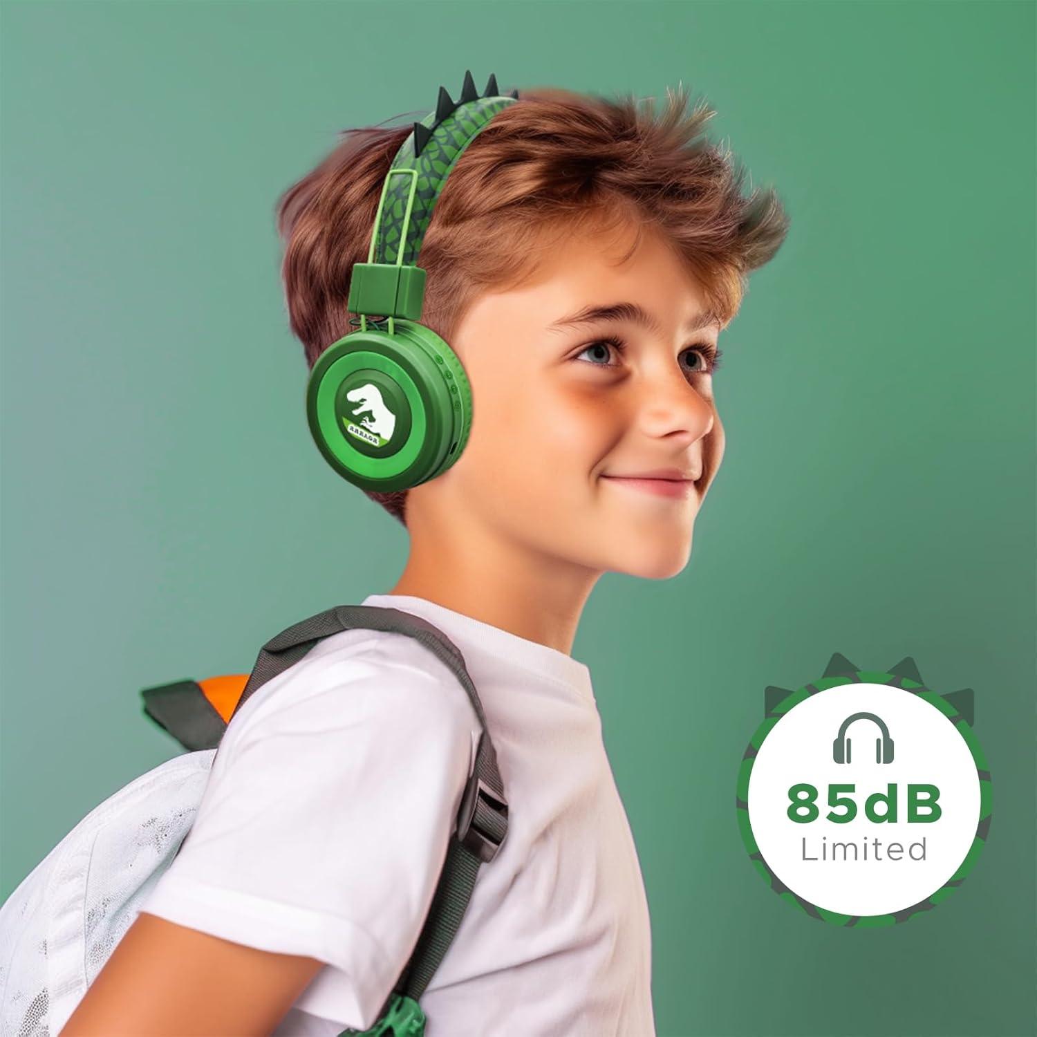 Auriculares Bluetooth QearFun Dinosaurio Verde 85dBA Inalámbricos
