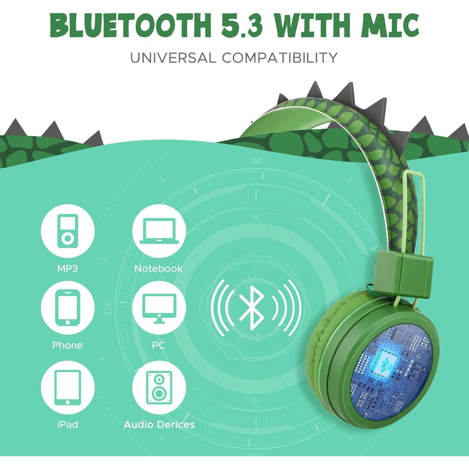 Auriculares Bluetooth QearFun Dinosaurio Verde 85dBA Inalámbricos