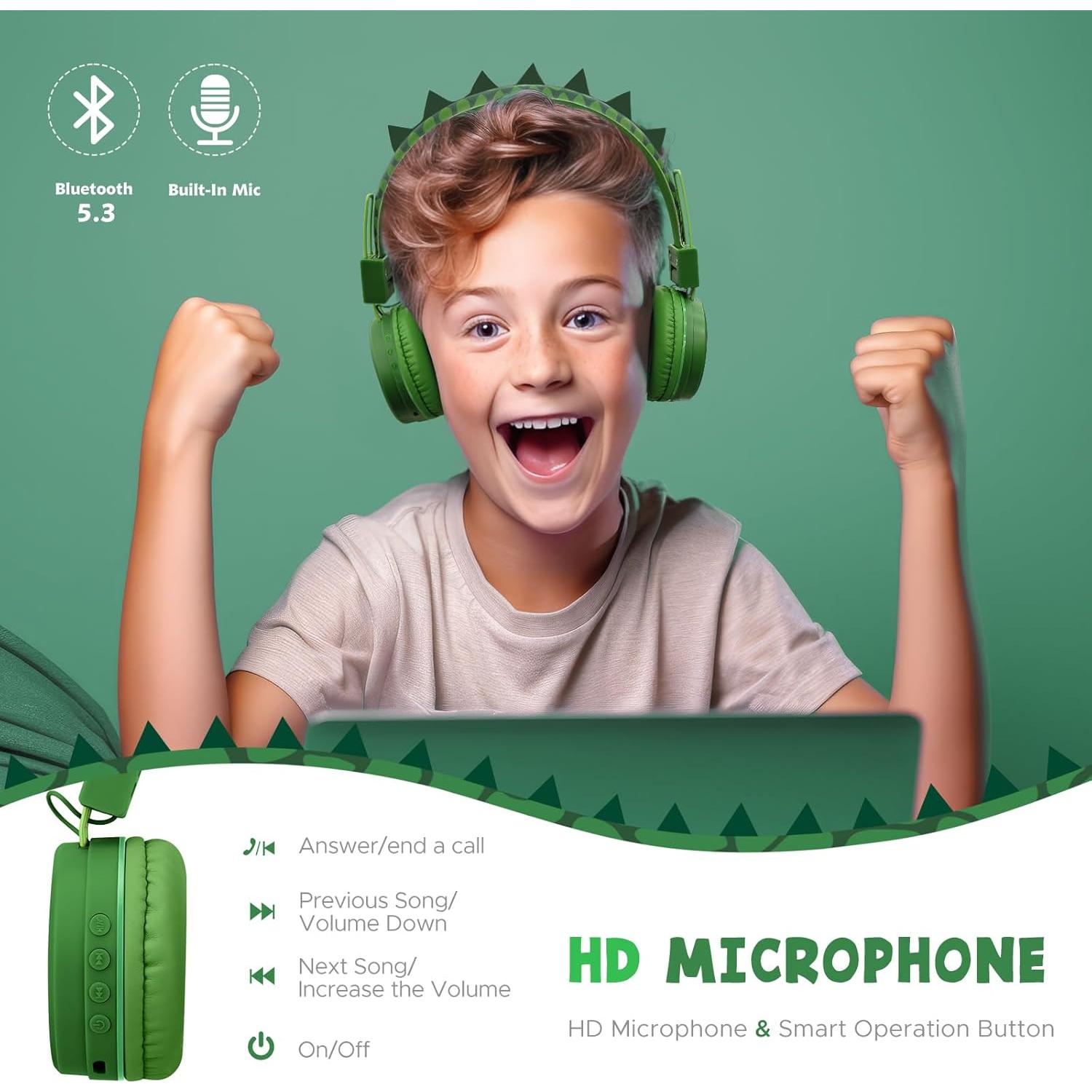 Auriculares Bluetooth QearFun Dinosaurio Verde 85dBA Inalámbricos