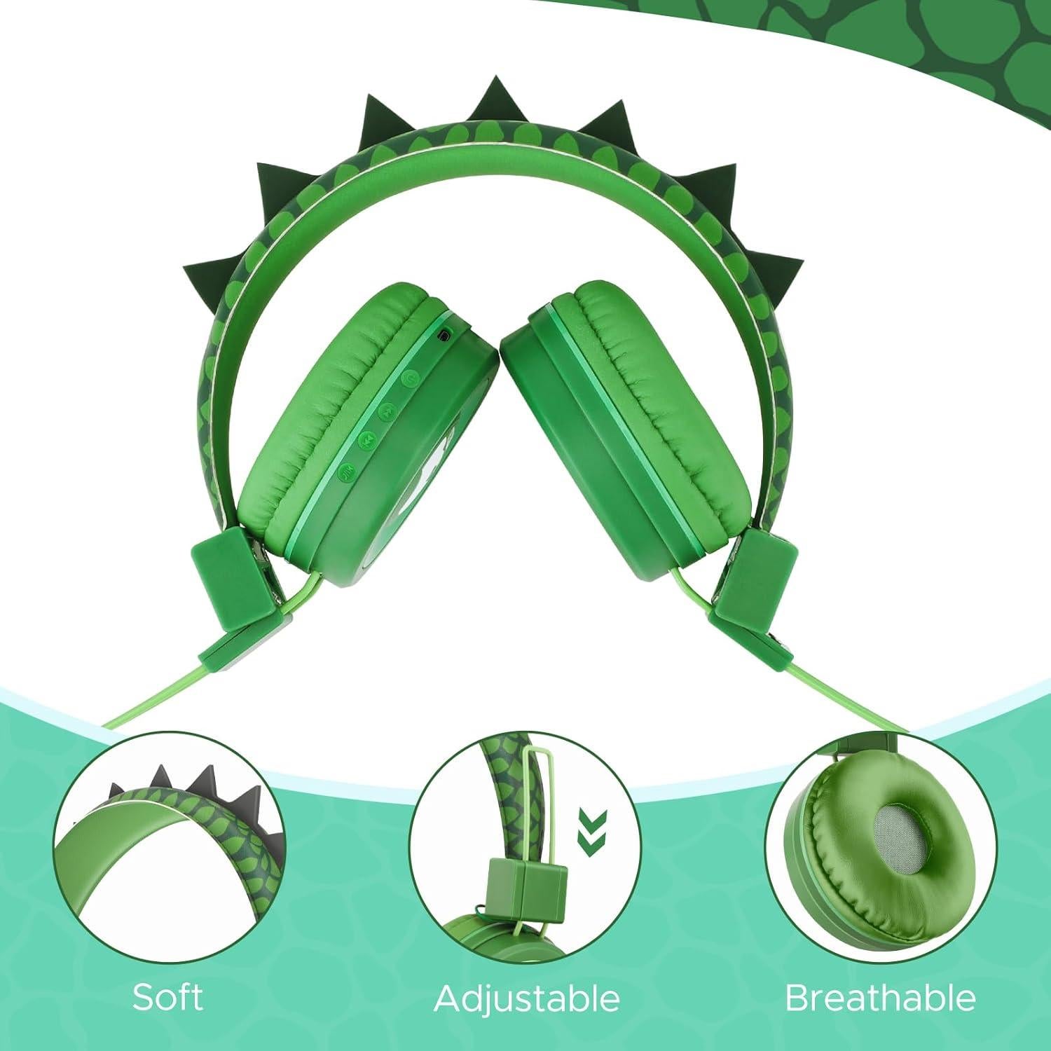 Auriculares Bluetooth QearFun Dinosaurio Verde 85dBA Inalámbricos