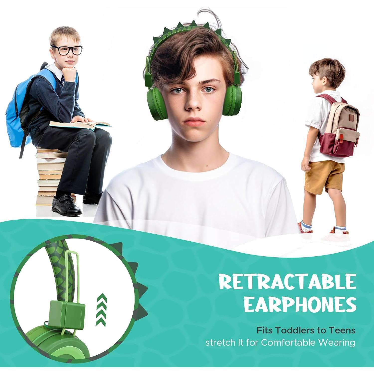 Auriculares Bluetooth QearFun Dinosaurio Verde 85dBA Inalámbricos