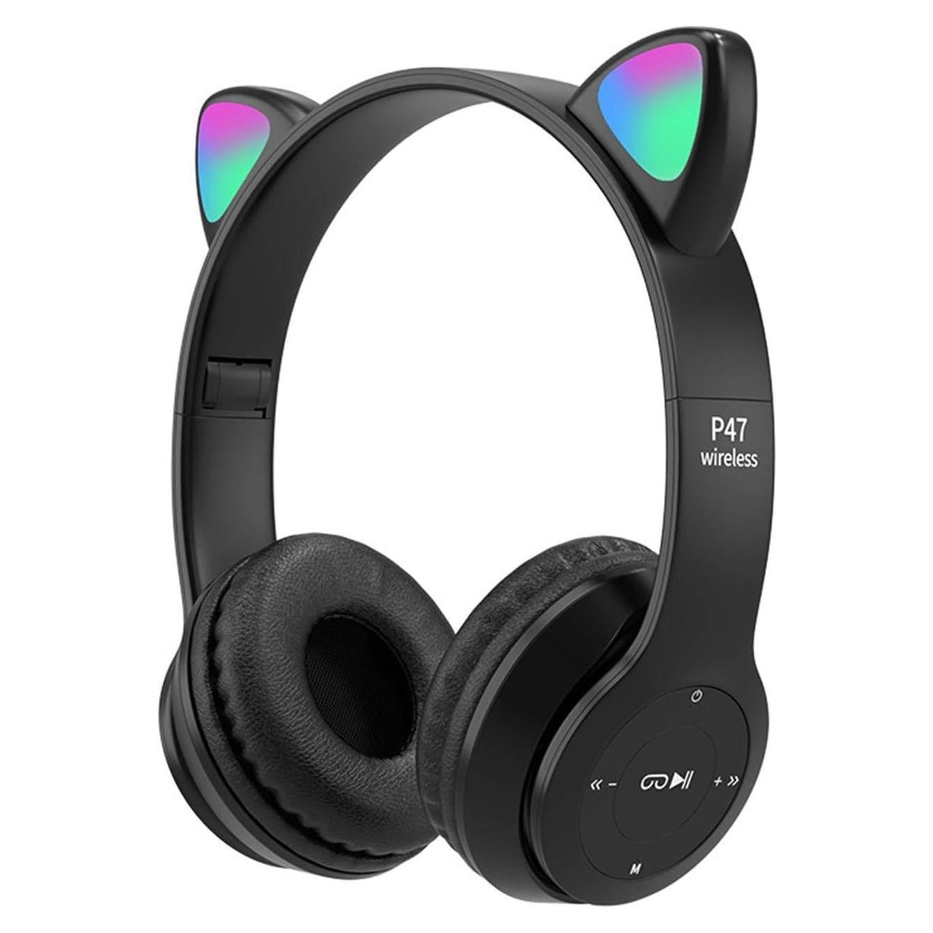 Yuhoo Kids Headphones, Cat Ear LED Light Up Bluetooth 5.0 Foldable Wireless Gaming Headset for Kids Adult, Comfortable Built-in Mic Noise Cancelling Over Ear Headphones(Black)