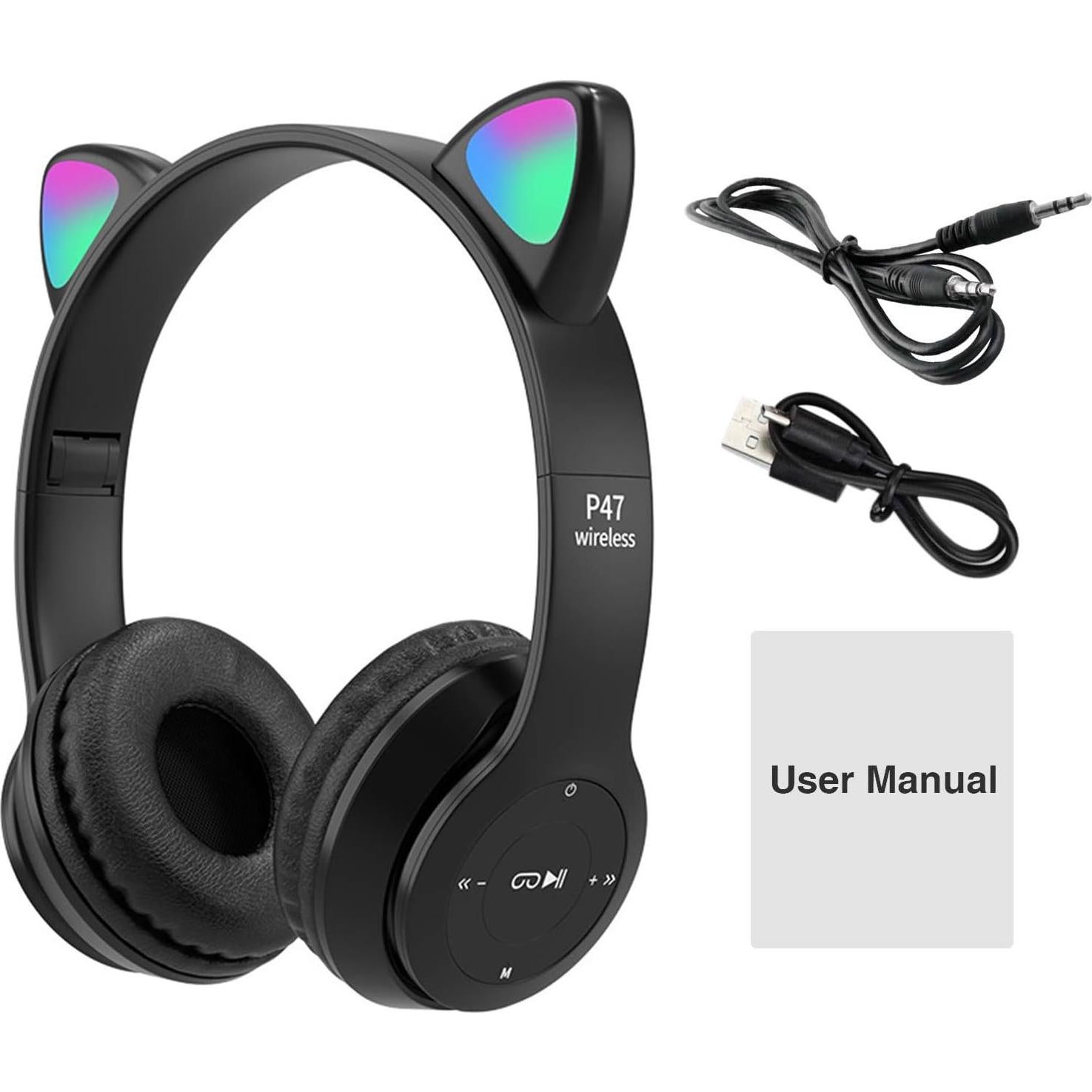 Yuhoo Kids Headphones, Cat Ear LED Light Up Bluetooth 5.0 Foldable Wireless Gaming Headset for Kids Adult, Comfortable Built-in Mic Noise Cancelling Over Ear Headphones(Black)