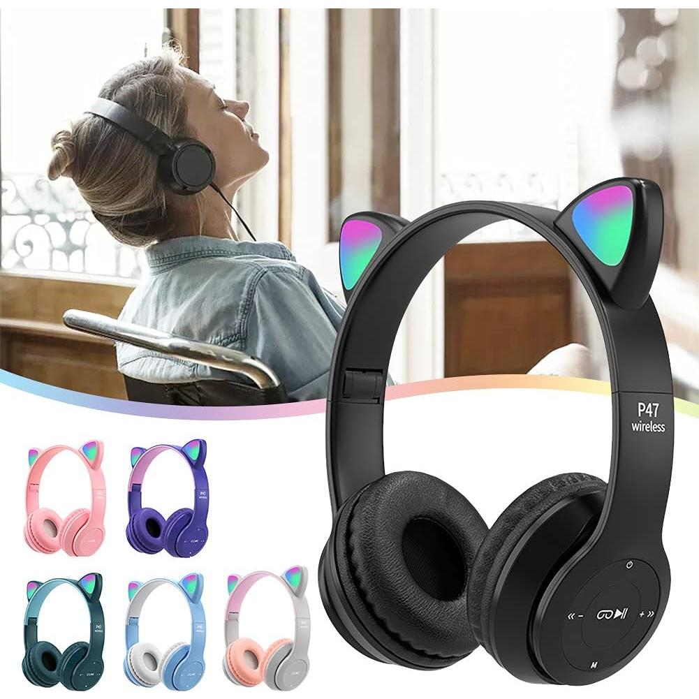 Yuhoo Kids Headphones, Cat Ear LED Light Up Bluetooth 5.0 Foldable Wireless Gaming Headset for Kids Adult, Comfortable Built-in Mic Noise Cancelling Over Ear Headphones(Black)