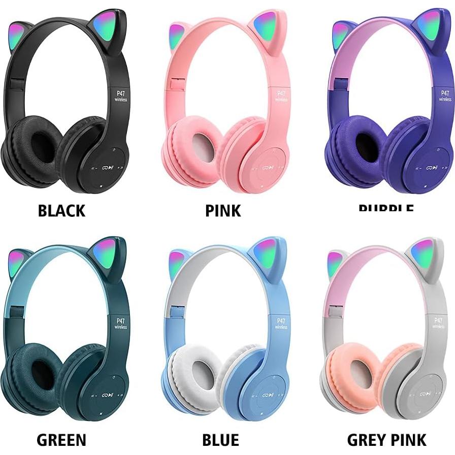 Yuhoo Kids Headphones, Cat Ear LED Light Up Bluetooth 5.0 Foldable Wireless Gaming Headset for Kids Adult, Comfortable Built-in Mic Noise Cancelling Over Ear Headphones(Black)