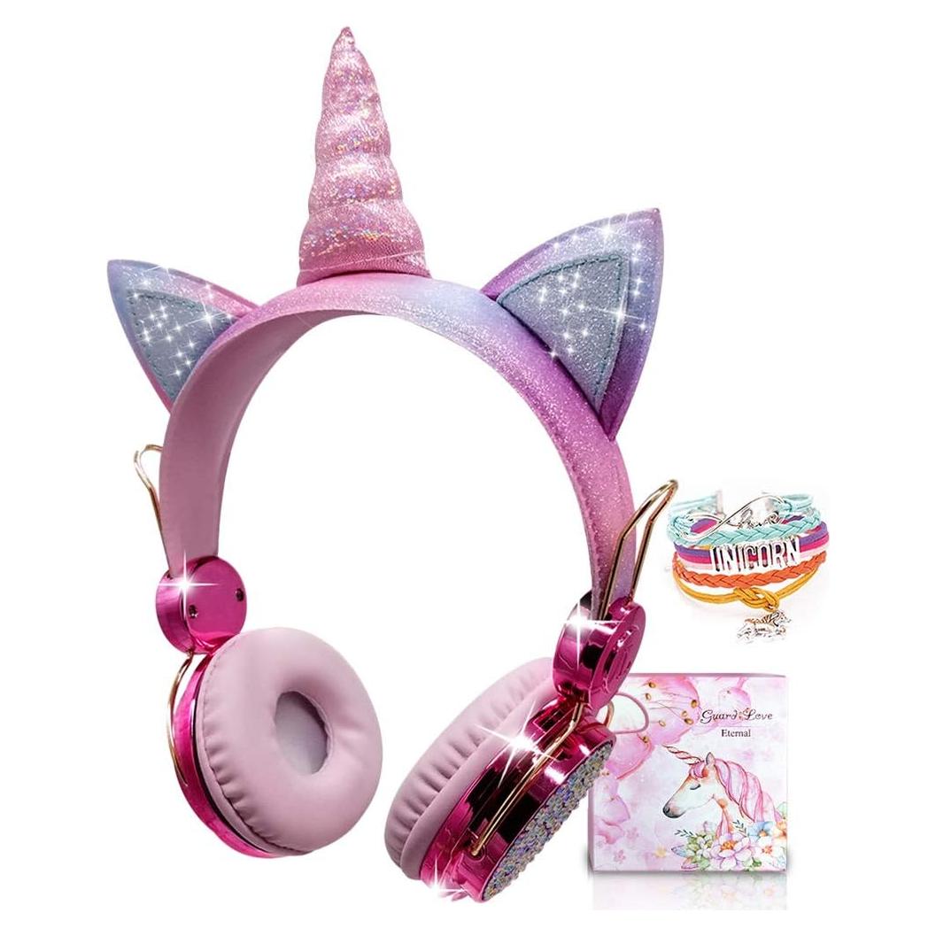 TCJJ Sparkly Unicorn Headphones for Girls, 85dB Safe Volume Limit, Wireless & 3.5mm Wired Headset with Mic, Adjustable Headband, Fast Charging, Foldable,for School, Tablet, Travel, Airplane