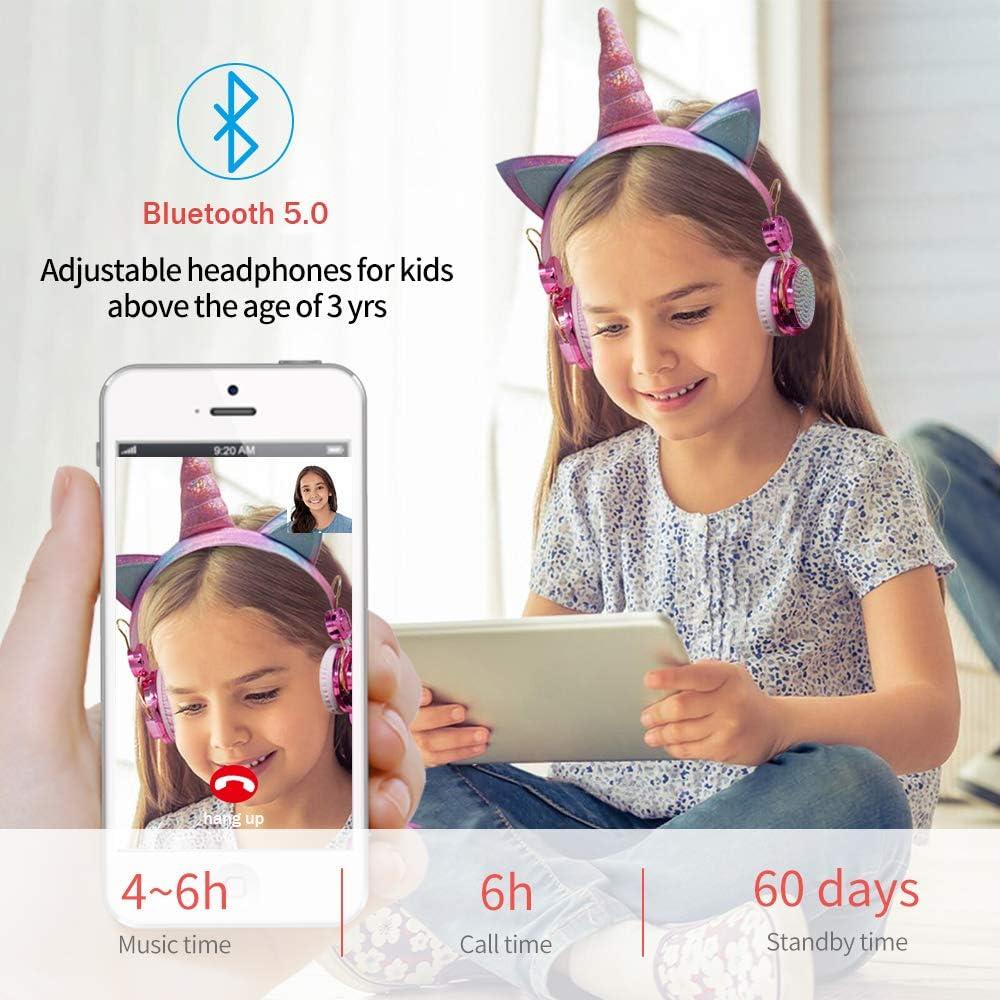 TCJJ Sparkly Unicorn Headphones for Girls, 85dB Safe Volume Limit, Wireless & 3.5mm Wired Headset with Mic, Adjustable Headband, Fast Charging, Foldable,for School, Tablet, Travel, Airplane