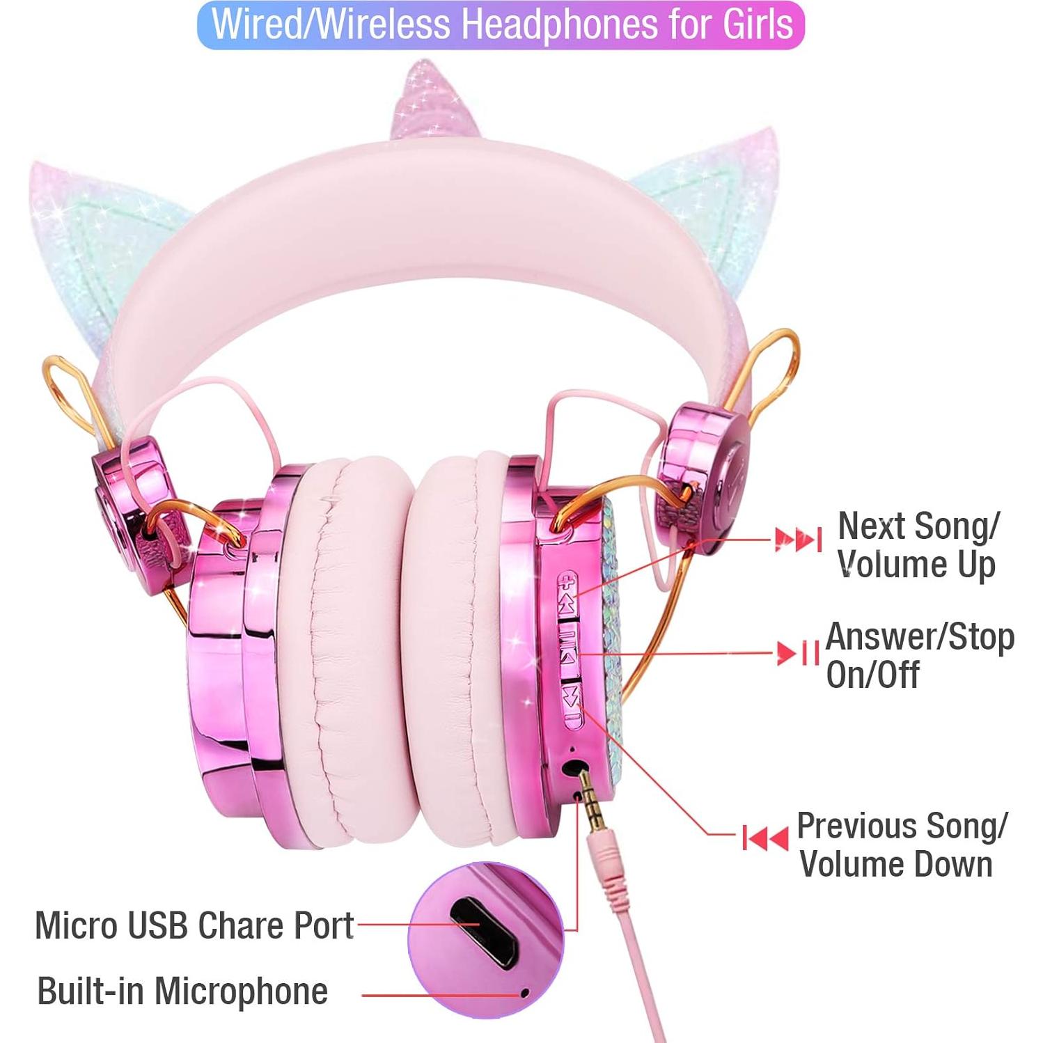 TCJJ Sparkly Unicorn Headphones for Girls, 85dB Safe Volume Limit, Wireless & 3.5mm Wired Headset with Mic, Adjustable Headband, Fast Charging, Foldable,for School, Tablet, Travel, Airplane