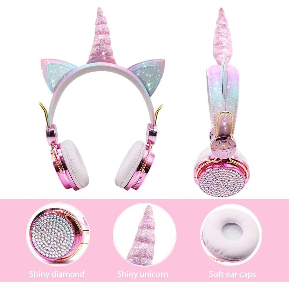 TCJJ Sparkly Unicorn Headphones for Girls, 85dB Safe Volume Limit, Wireless & 3.5mm Wired Headset with Mic, Adjustable Headband, Fast Charging, Foldable,for School, Tablet, Travel, Airplane