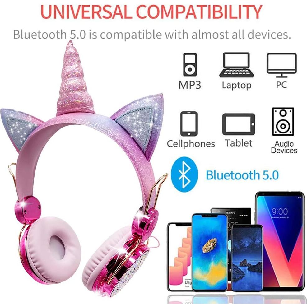 TCJJ Sparkly Unicorn Headphones for Girls, 85dB Safe Volume Limit, Wireless & 3.5mm Wired Headset with Mic, Adjustable Headband, Fast Charging, Foldable,for School, Tablet, Travel, Airplane