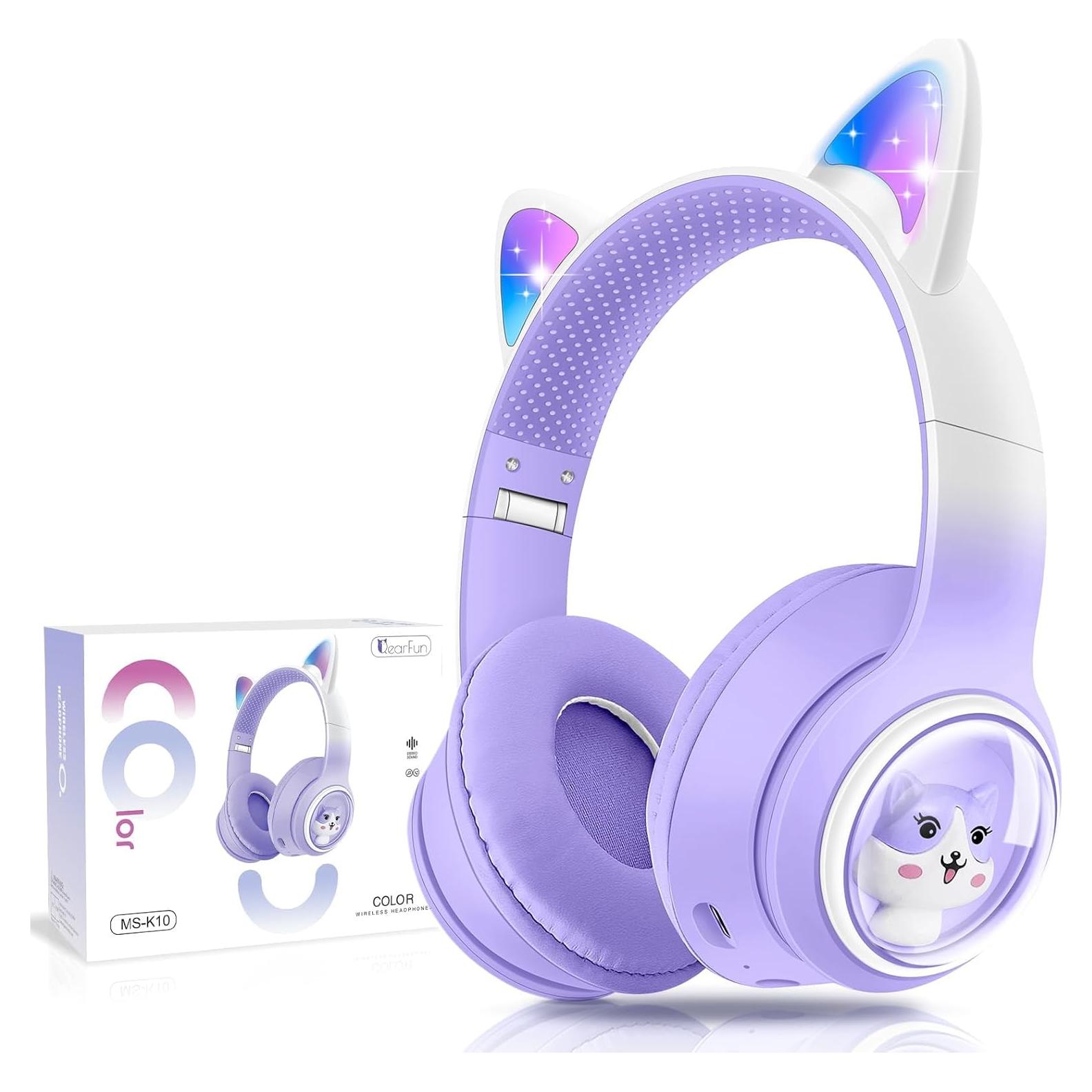 QearFun Cat Kids Bluetooth Headphones with Microphone & 3.5mm Jack, Wireless Headphones with Adjustable Headband for iPad/Tablet/PC (Purple)