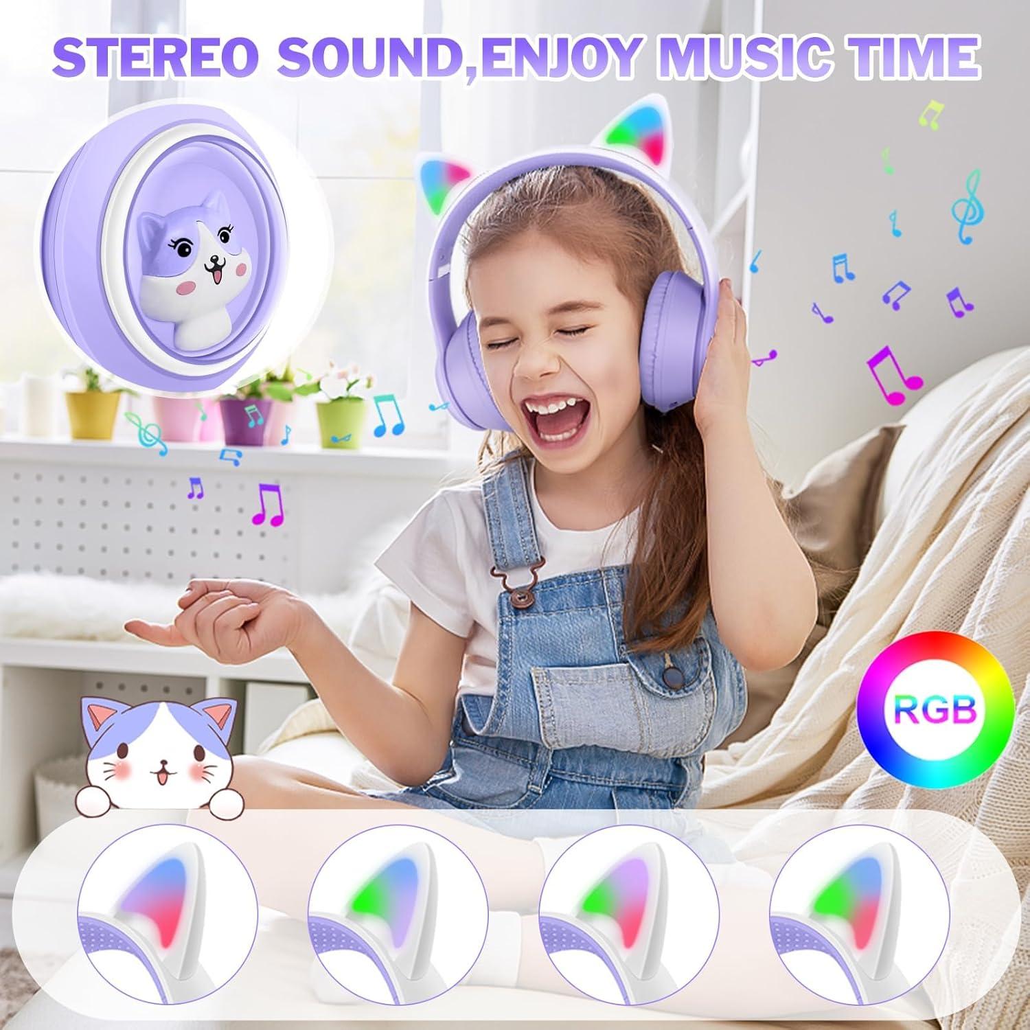QearFun Cat Kids Bluetooth Headphones with Microphone & 3.5mm Jack, Wireless Headphones with Adjustable Headband for iPad/Tablet/PC (Purple)