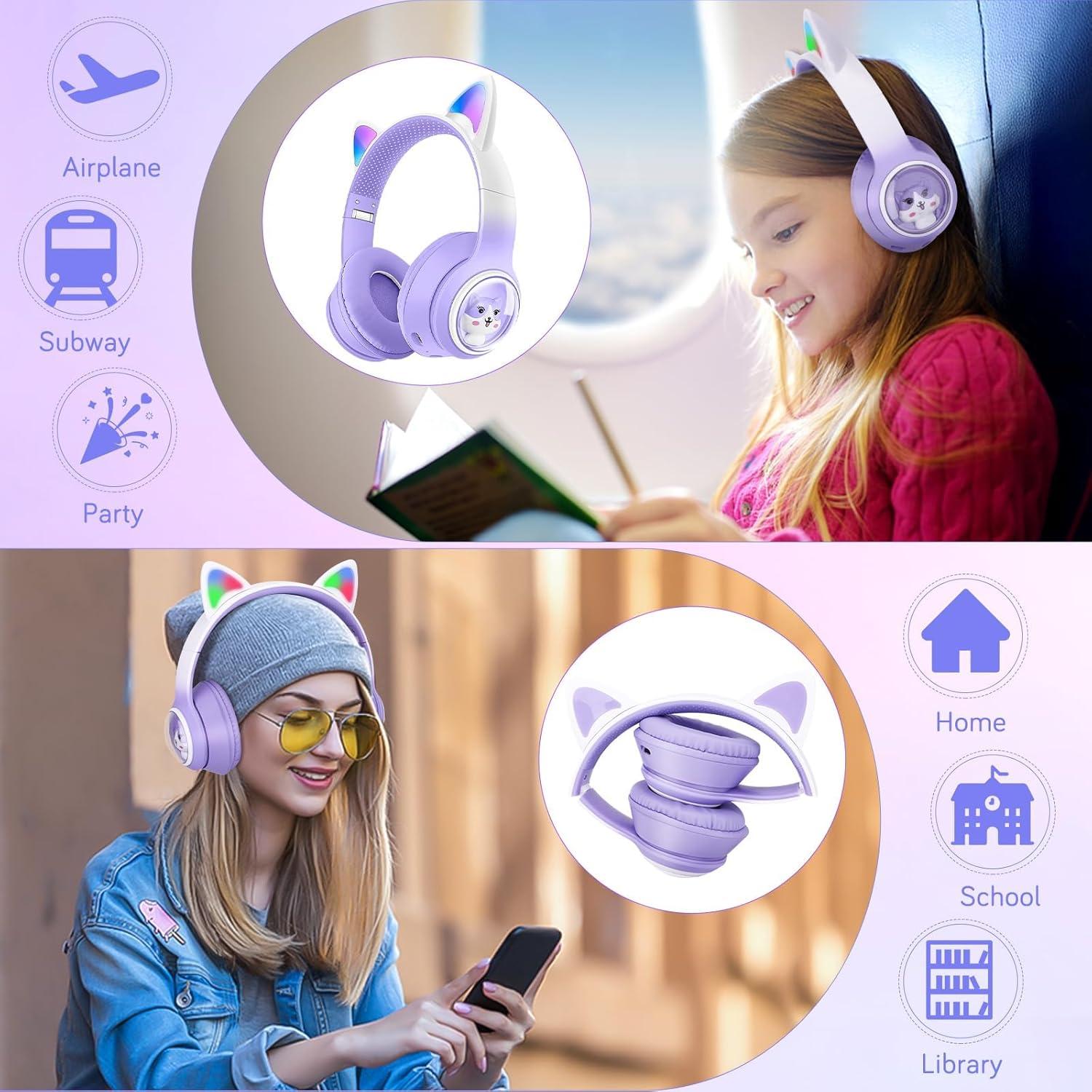 QearFun Cat Kids Bluetooth Headphones with Microphone & 3.5mm Jack, Wireless Headphones with Adjustable Headband for iPad/Tablet/PC (Purple)