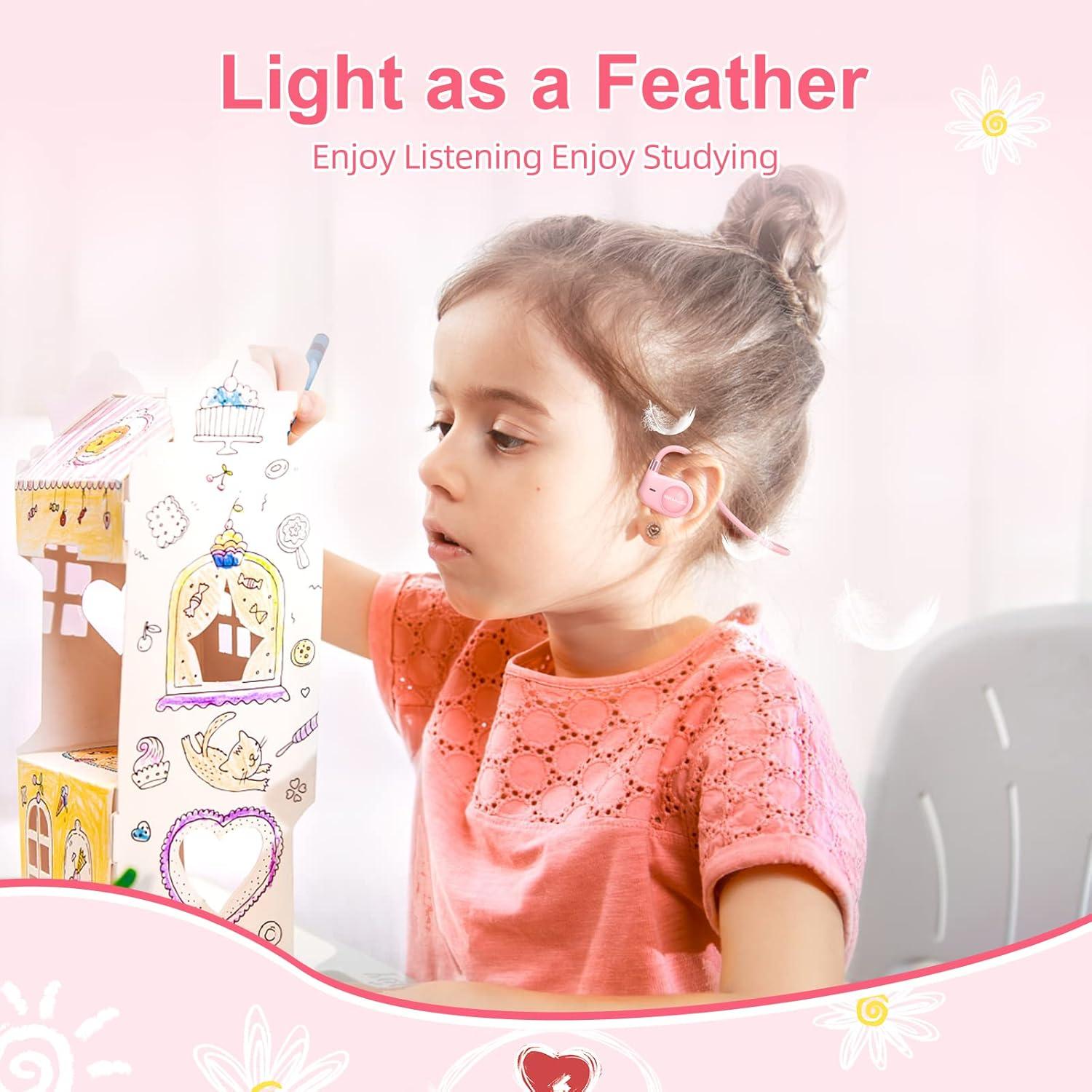 MeloAudio Kids Wireless Headphones with Microphone - Open Ear, Ultra-Light, Perfect for iPad, Tablet, Home, School, Travel, Sports - Pink for Girls