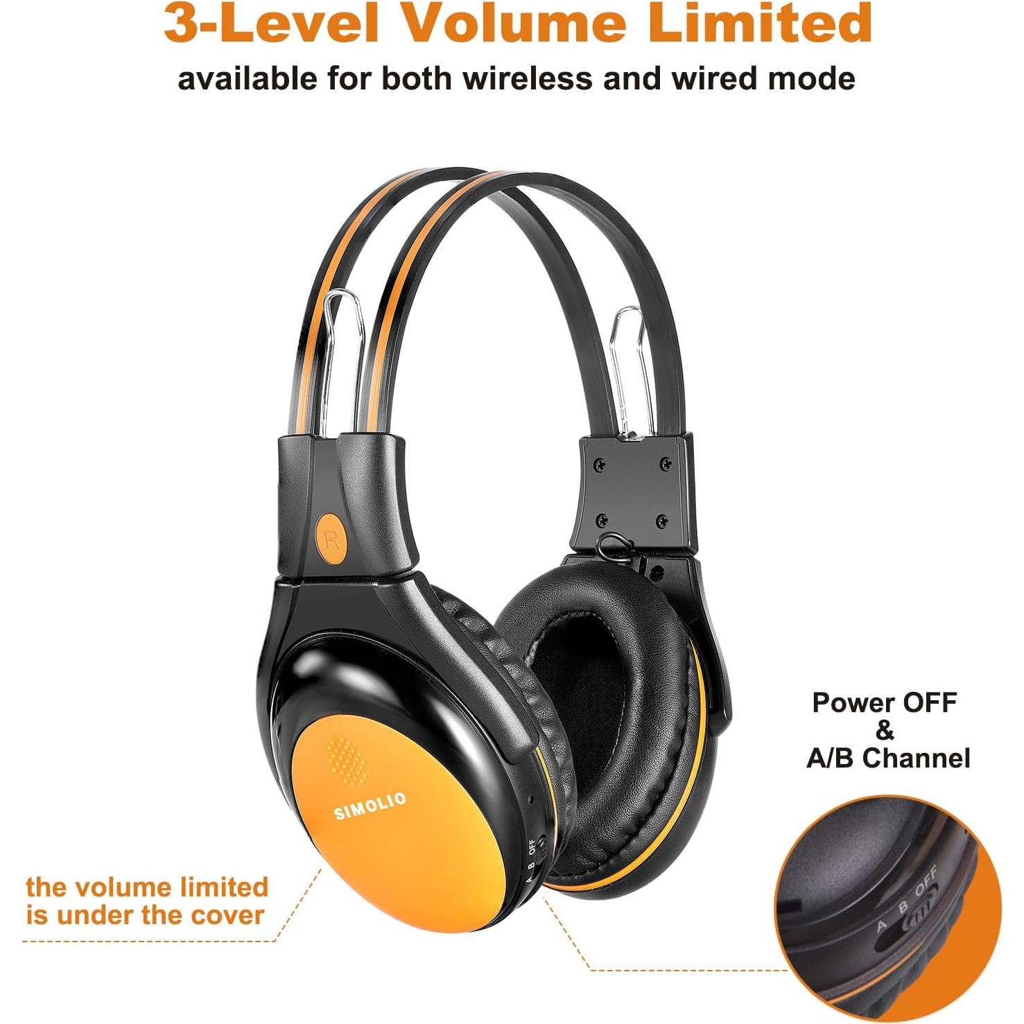 IR Headphones for Car DVD w/Volume Limited, Wireless Infrared Headphone for Honda Odyssey, Toyota Sienna, uConnect, Chrysler Pacifica, Gmc Yukon, Universal 2 Channel, Foldable,AUX Cord,2 Pack