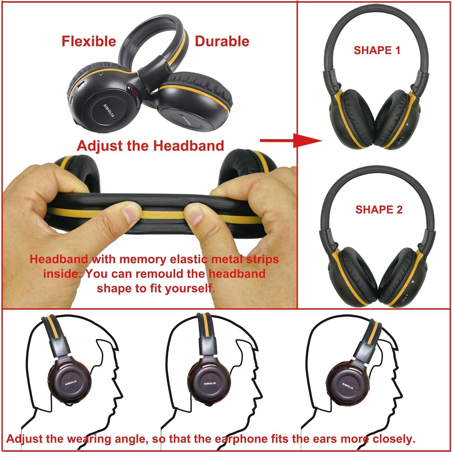 IR Headphones for Car DVD for uConnect VES, Honda Odyssey, Dodge Grand Caravan, Chrysler Town Country, Jeep, 2 Channel Universal Folding Infrared Headphone w/AUX Cord & Carrying Case, 2 Pack