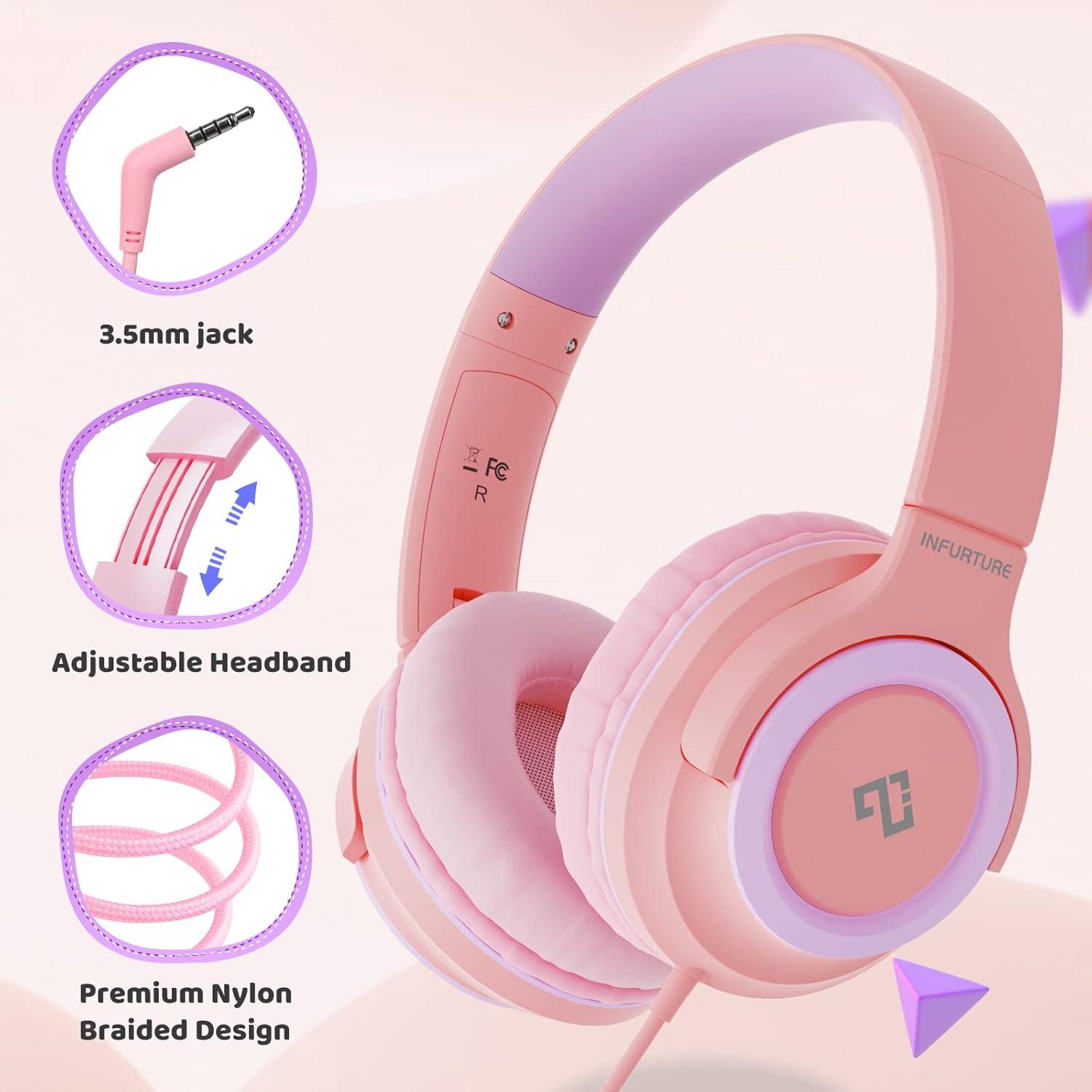 Kids Headphones, Wired Headphones for Kids Over Ear with Microphone, 85/94dB Volume Limiter Headphone for Girls Boys, Foldable Headphone for School, Airplane Travel