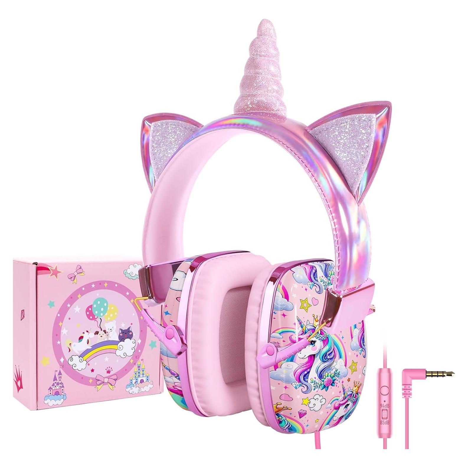 TCJJ Unicorn Headphones for Girls to School, Kids Wired Headphones with Mic & 3.5mm Jack, Safe Volume 85/94dB,Noise Cancelling Over-Ear Headphone with Adjustable Headband for iPad/Smartphones-Pink