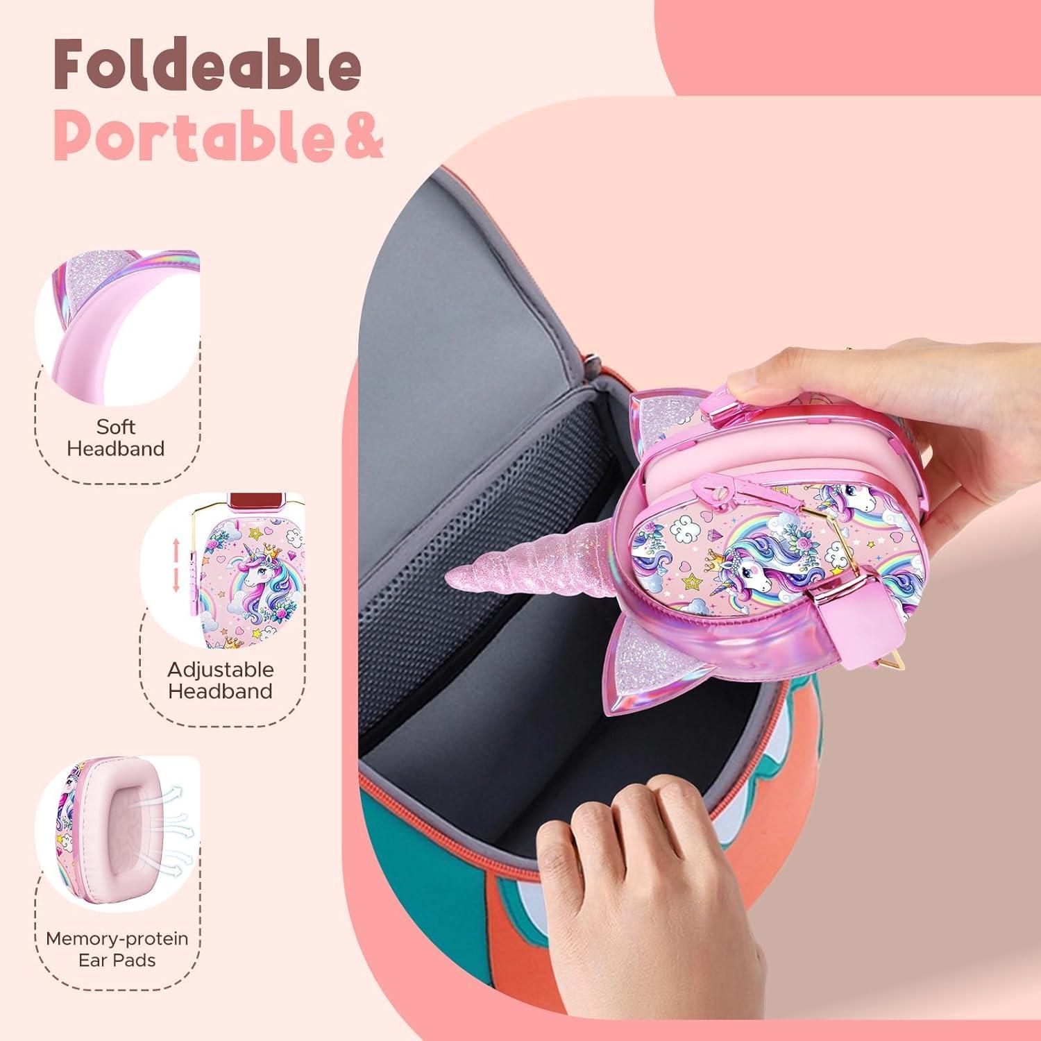 TCJJ Unicorn Headphones for Girls to School, Kids Wired Headphones with Mic & 3.5mm Jack, Safe Volume 85/94dB,Noise Cancelling Over-Ear Headphone with Adjustable Headband for iPad/Smartphones-Pink