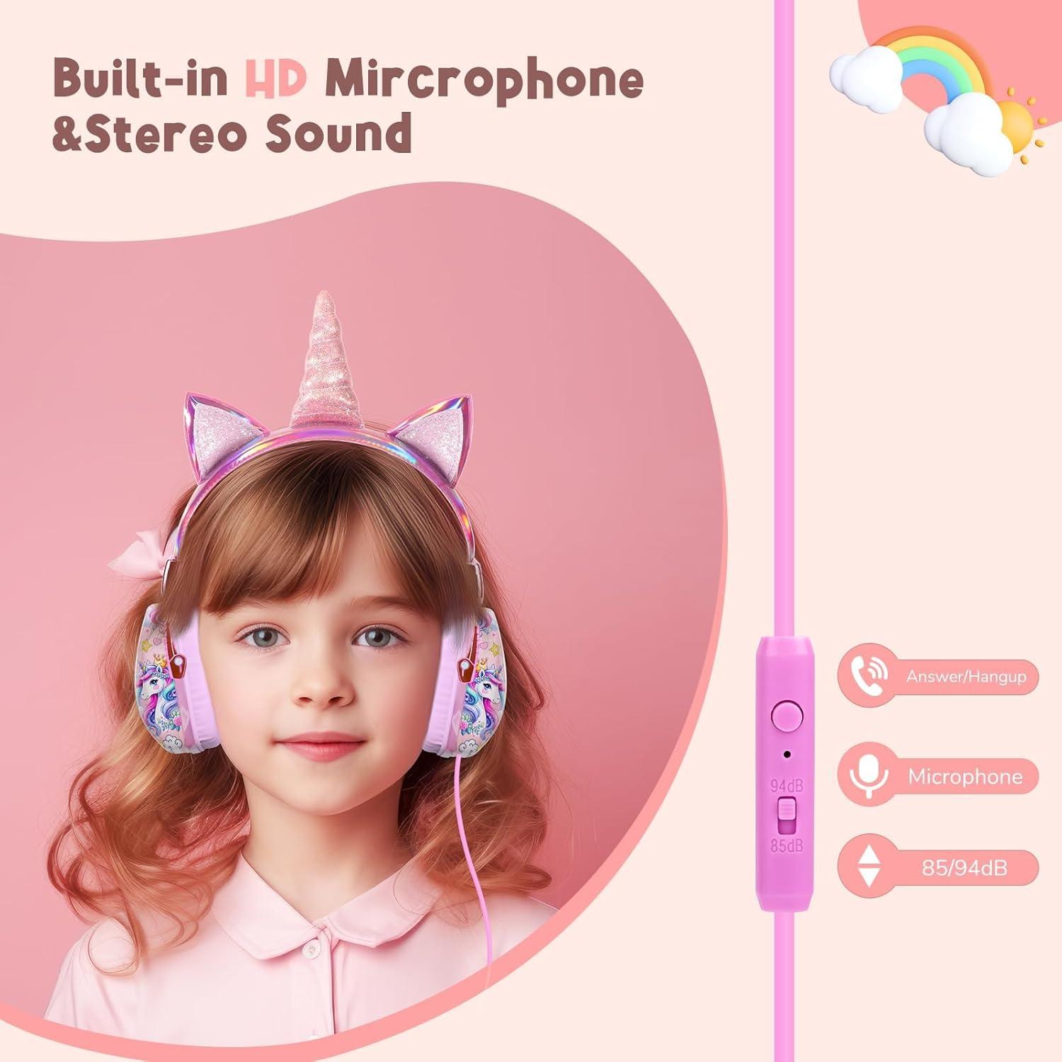 TCJJ Unicorn Headphones for Girls to School, Kids Wired Headphones with Mic & 3.5mm Jack, Safe Volume 85/94dB,Noise Cancelling Over-Ear Headphone with Adjustable Headband for iPad/Smartphones-Pink