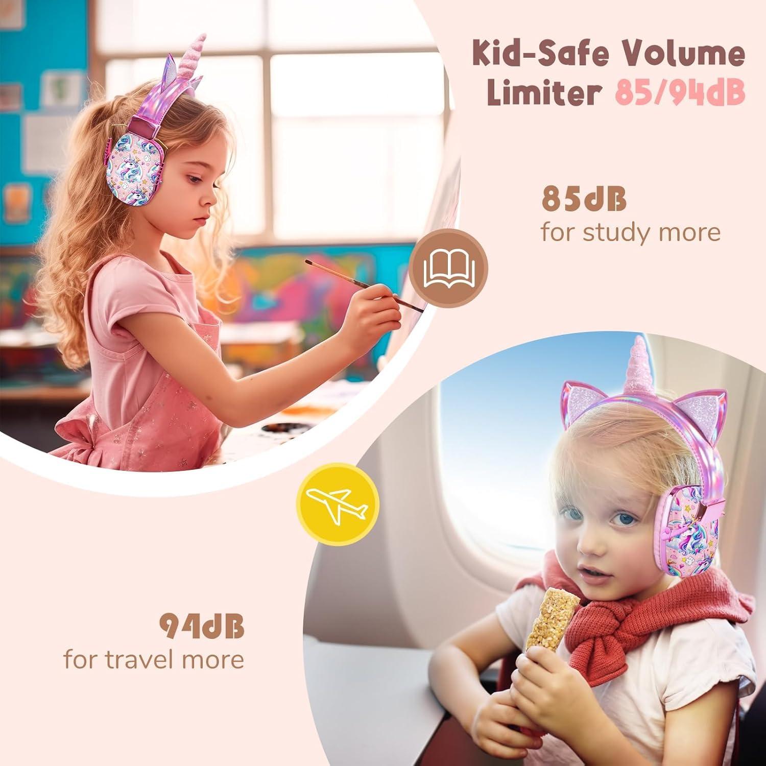 TCJJ Unicorn Headphones for Girls to School, Kids Wired Headphones with Mic & 3.5mm Jack, Safe Volume 85/94dB,Noise Cancelling Over-Ear Headphone with Adjustable Headband for iPad/Smartphones-Pink