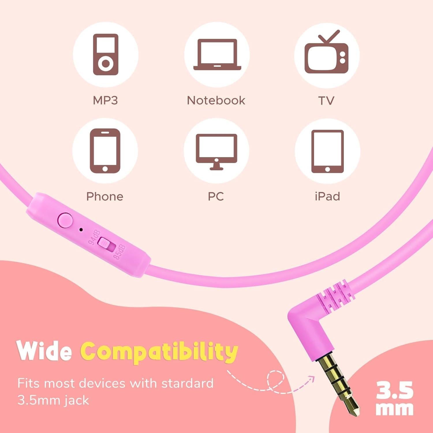 TCJJ Unicorn Headphones for Girls to School, Kids Wired Headphones with Mic & 3.5mm Jack, Safe Volume 85/94dB,Noise Cancelling Over-Ear Headphone with Adjustable Headband for iPad/Smartphones-Pink