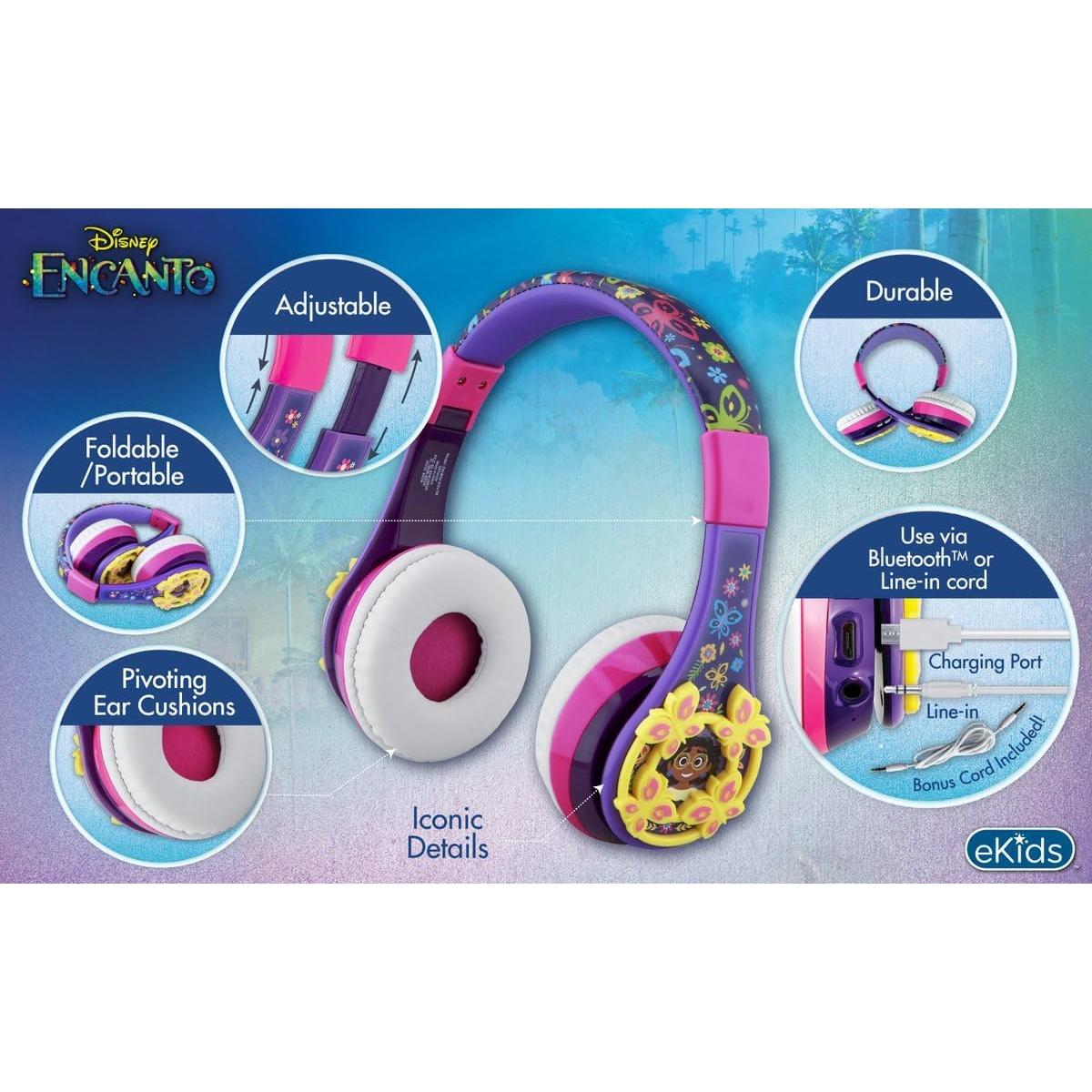 Disney Encanto Kids Bluetooth Headphones, Wireless Headphones with Microphone Includes Aux Cord, Volume Reduced Kids Foldable Earphones
