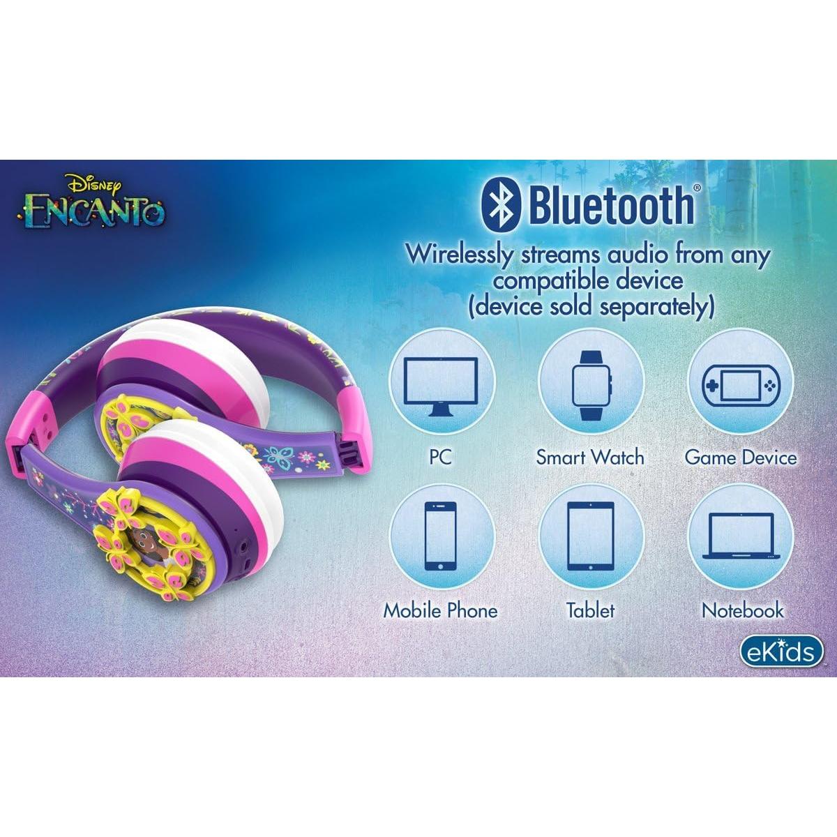 Disney Encanto Kids Bluetooth Headphones, Wireless Headphones with Microphone Includes Aux Cord, Volume Reduced Kids Foldable Earphones
