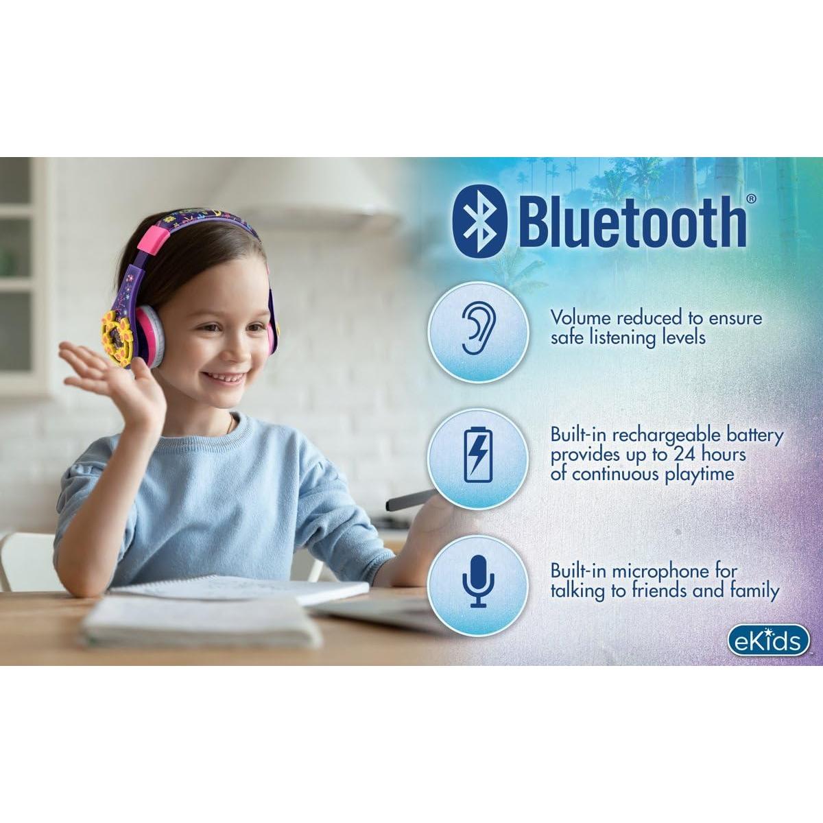 Disney Encanto Kids Bluetooth Headphones, Wireless Headphones with Microphone Includes Aux Cord, Volume Reduced Kids Foldable Earphones