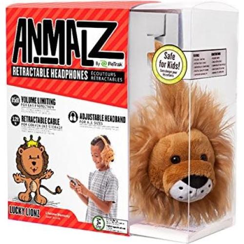 ReTrak Retractable Animalz Tangle-Free, Volume Limiting (85 dB) Over Ear Headphones for Kids, Gold Lion (ETAUDFLION), standard, Lucky Lions