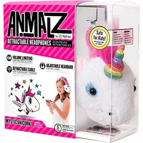 ReTrak Retractable Animalz Tangle-Free, Volume Limiting (85 dB) Over Ear Headphones for Kids, Gold Lion (ETAUDFLION), standard, Lucky Lions